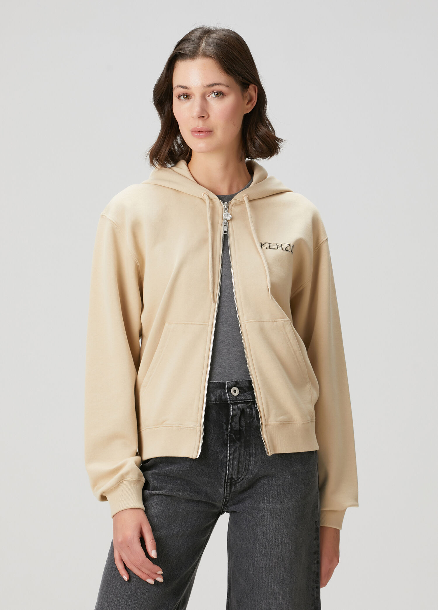 City Bej Kapüşonlu Fermuarlı Sweatshirt