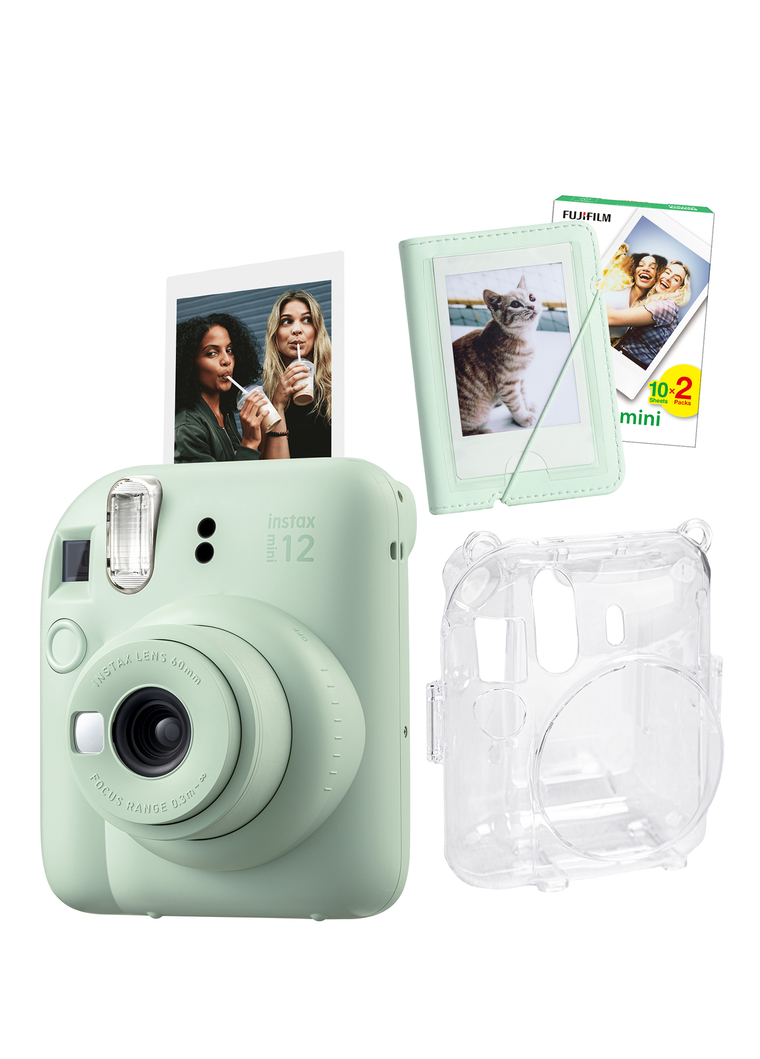 Instax Mini 12 Yeşil Fotoğraf Makinesi + 20'li Film Mini Albüm ve Şeffaf Kılıf Seti