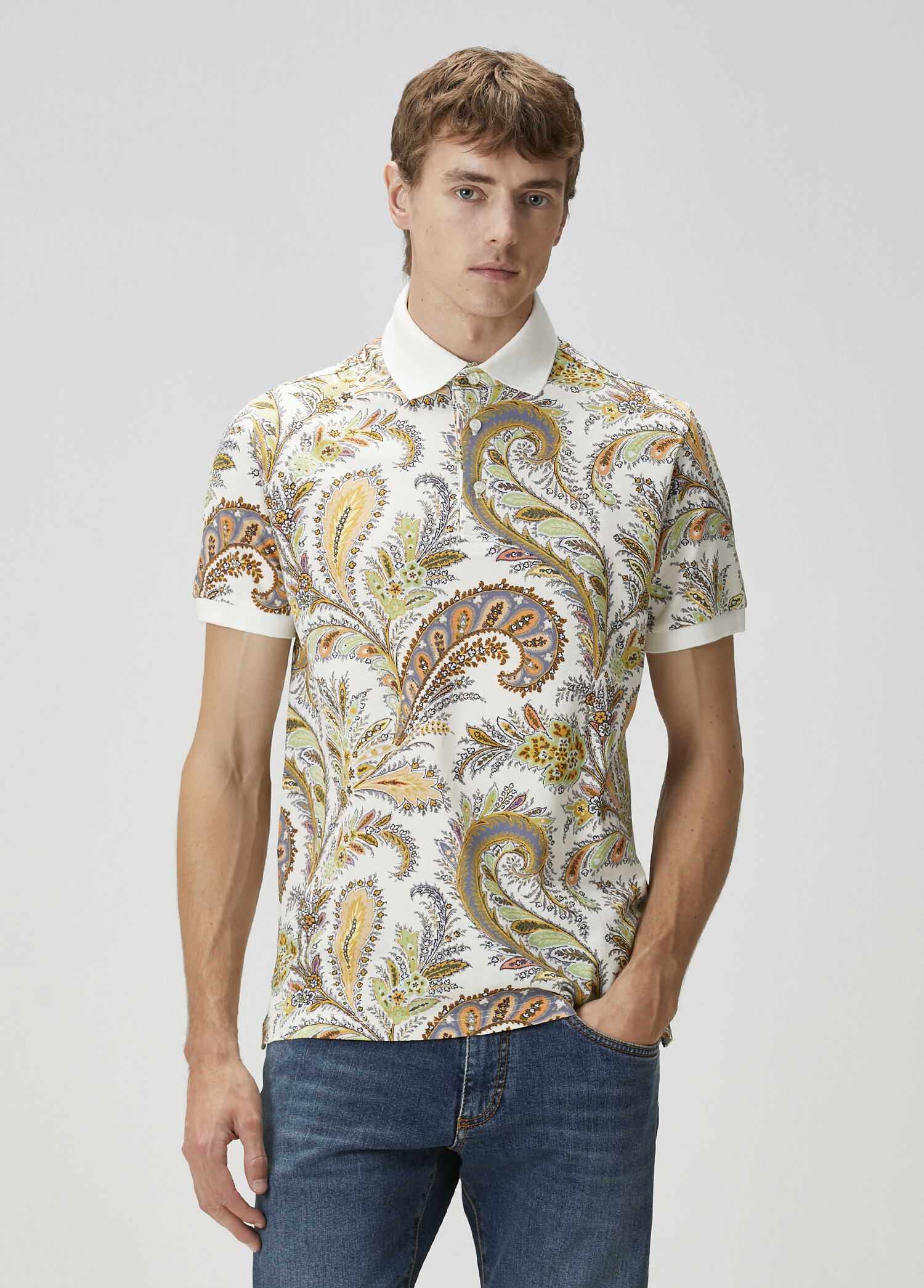 Bej Polo Yaka Etnik Desenli T-shirt