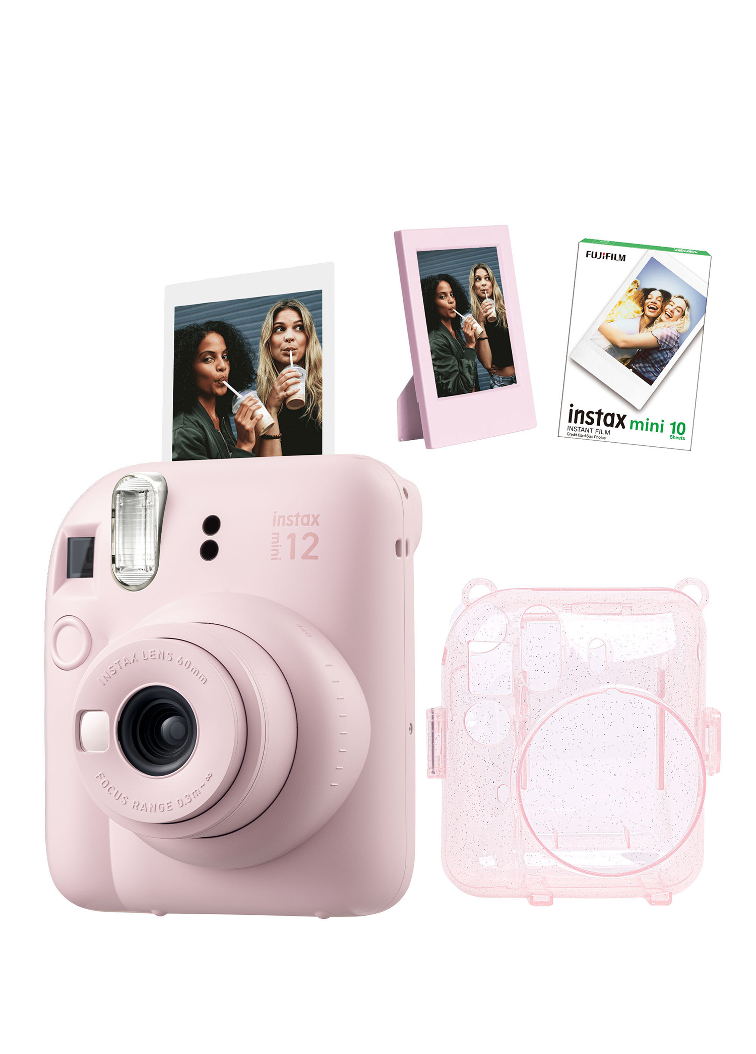 Instax Mini 12 Pembe Fotoğraf Makinesi + 10'lu Film ve Simli Pleksi Kılıf Çerçeve Hediye Seti