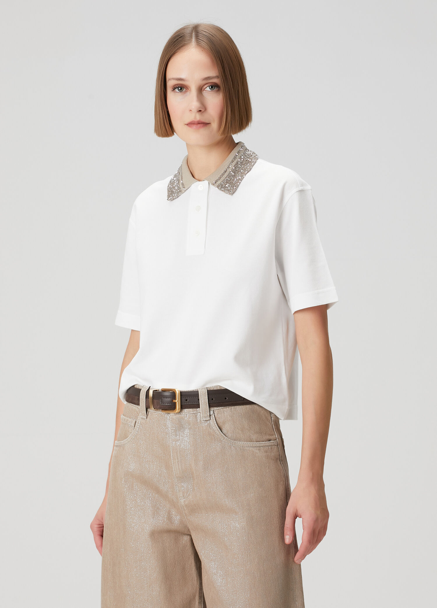 Beyaz Payetli Polo T-shirt