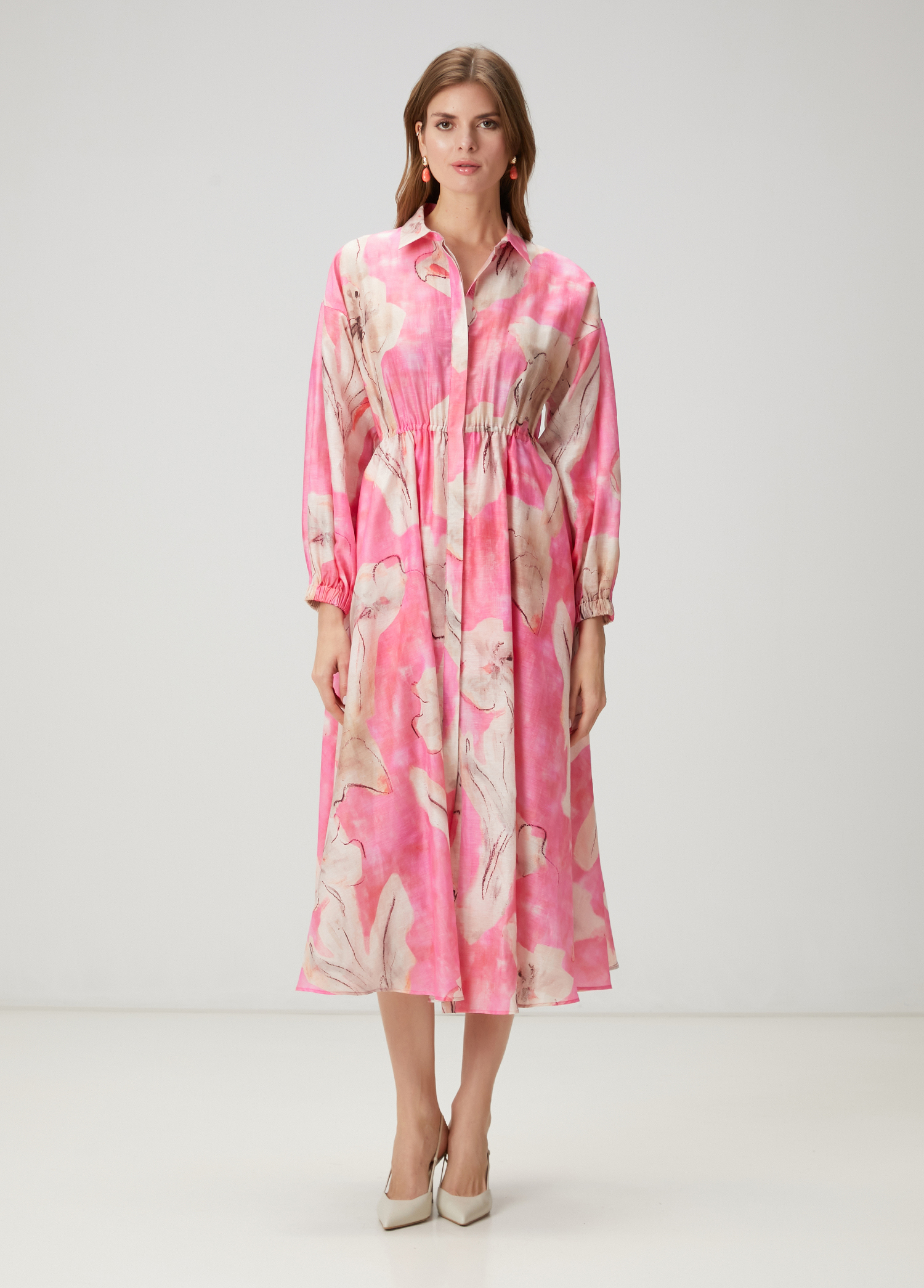 Pembe Çiçekli Midi Organza Elbise_3