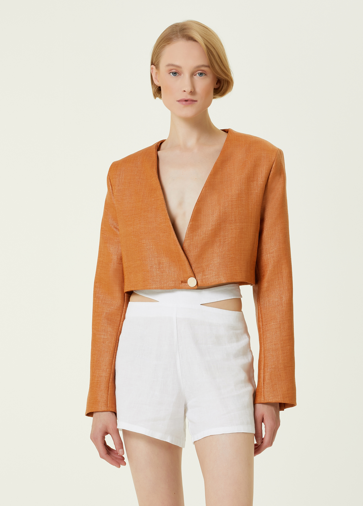 Turuncu V Yaka Crop Blazer