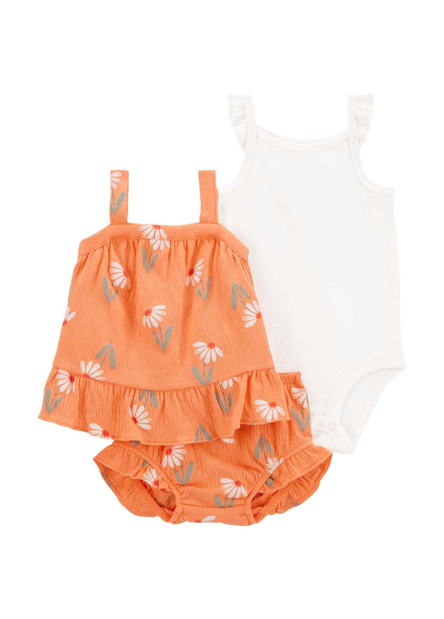 Turuncu Çiçek Desenli Bluz Bodysuit Şort Kız Bebek Alt 3'lü Set
