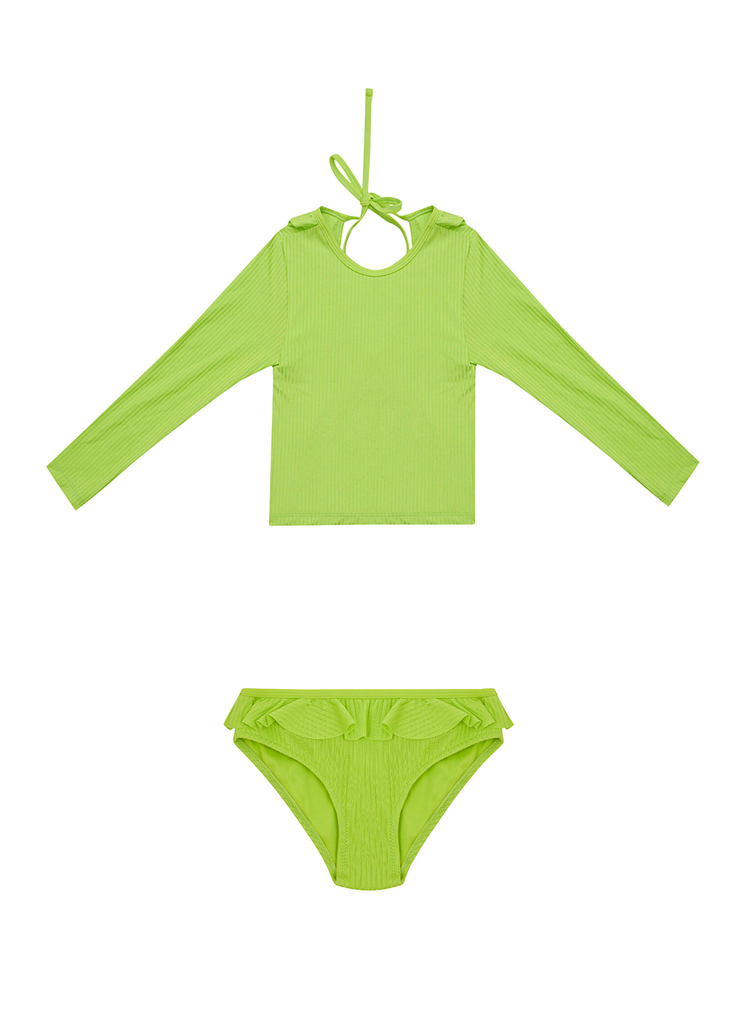 Viola Yeşil Uzun Kollu Fırfır Detaylı Güneş Korumalı Bikini Takımı