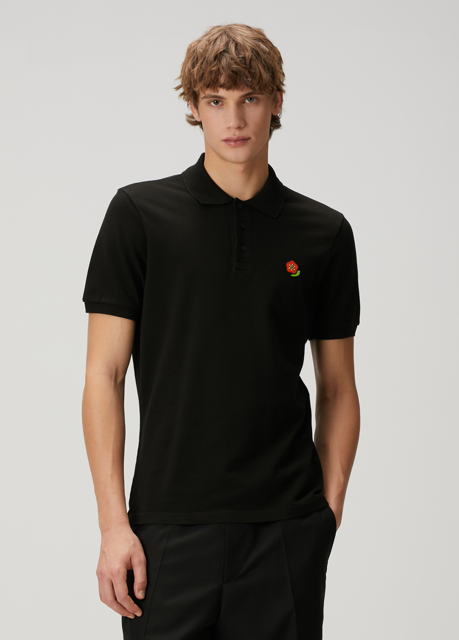 Slim Fit Pop Siyah Polo Yaka Logo Nakışlı T-shirt