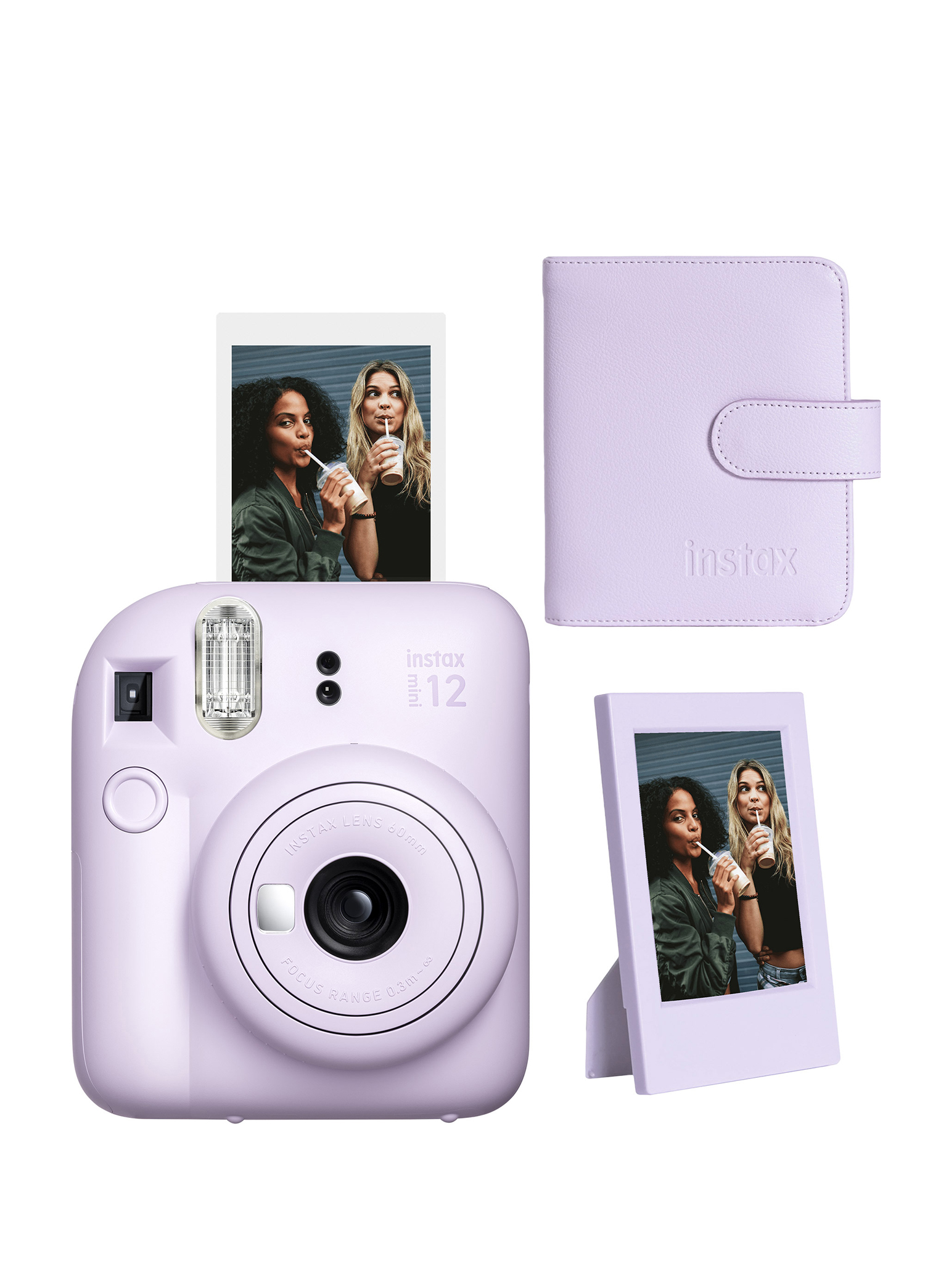 Instax Mini 12 Lila Fotoğraf Makinesi + 64'lü Kare Albüm ve Çerçeve Seti