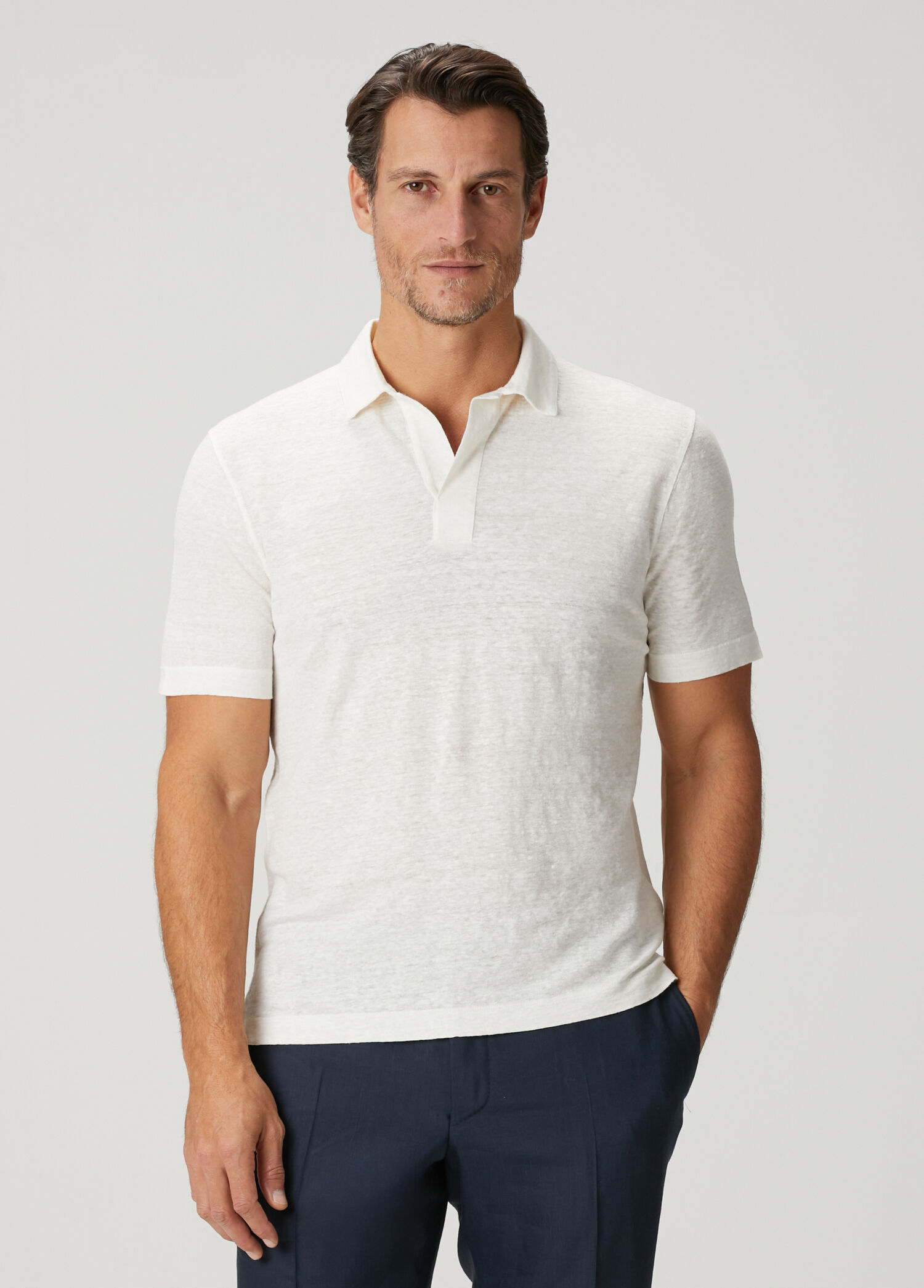 Beyaz Polo Yaka Keten T-shirt