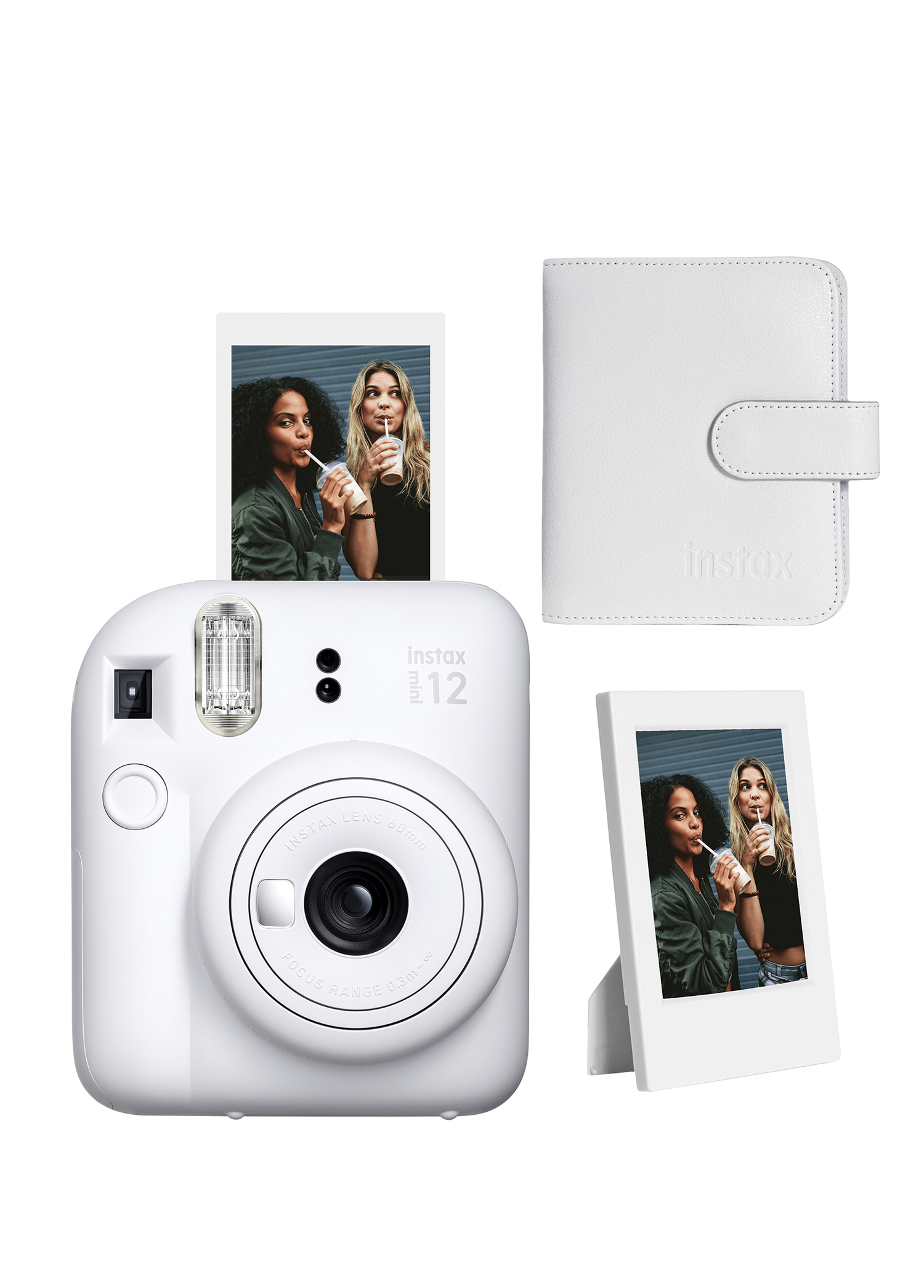 Instax Mini 12 Beyaz Fotoğraf Makinesi + Çerçeve ve 64'lü Kare Albüm Seti