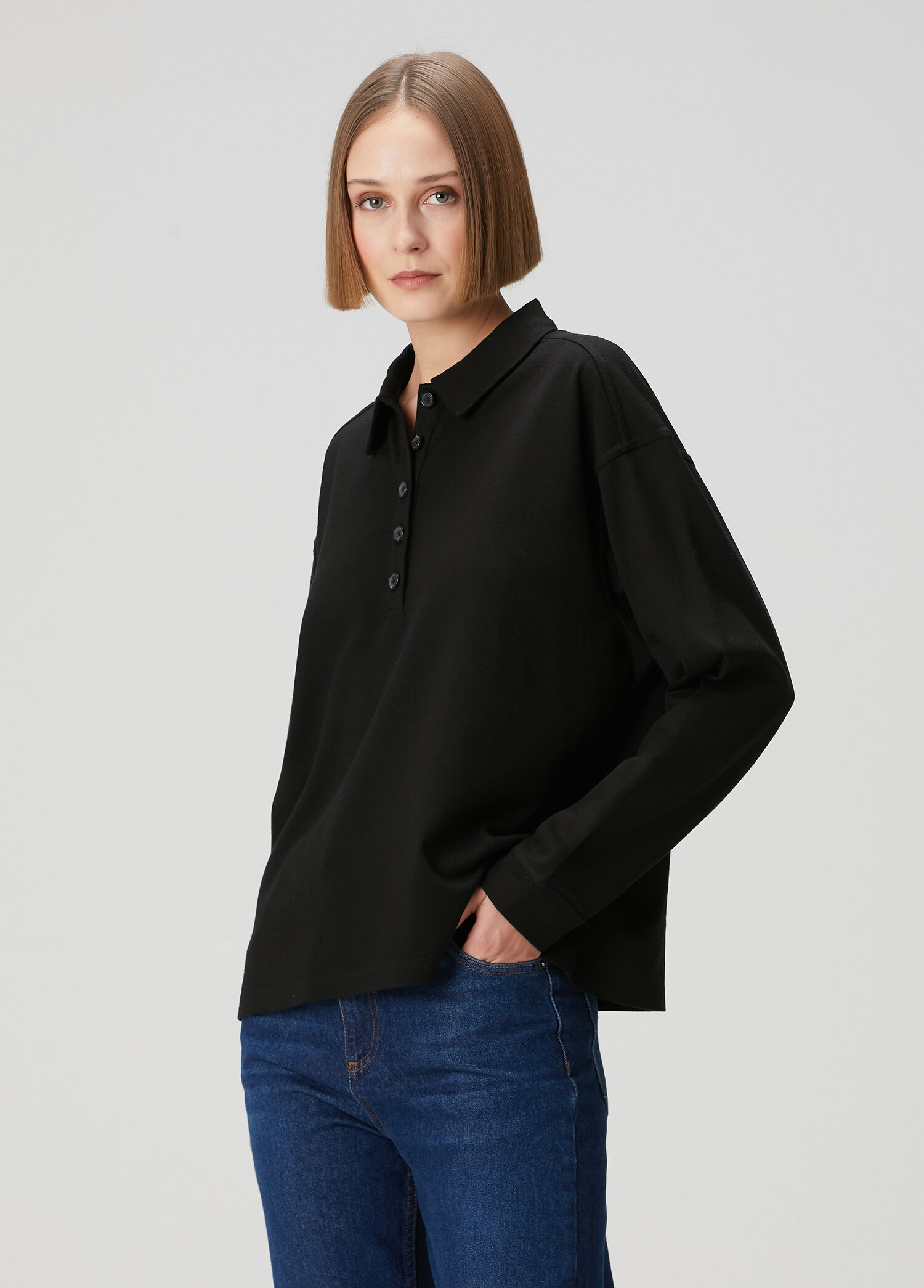 Siyah Uzun Kol İpek Polo T-shirt