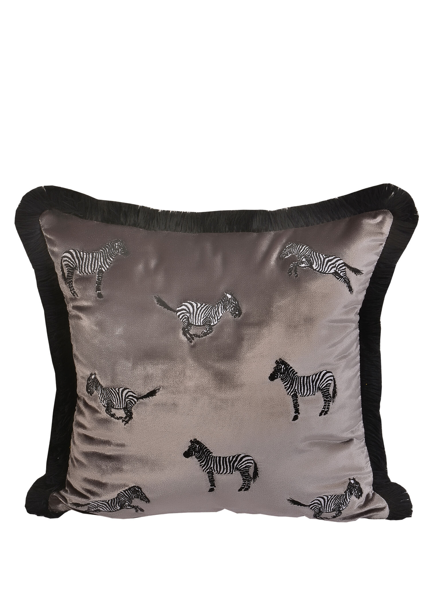 Dekoratif Zebra Nakış İşlemeli Siyah Püsküllü Gri Kadife Yastık Kılıfı 45 x 45 cm