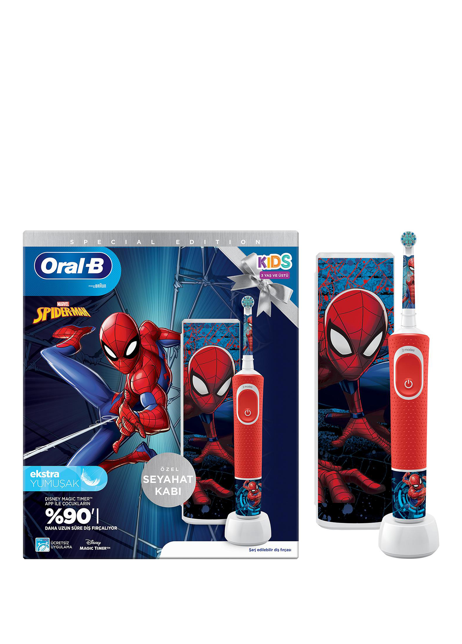 D100 Vitality Spiderman Özel Seri Çocuklar İçin Ekstra Yumuşak Şarj Edilebilir Diş Fırçası ve Seyahat Kabı