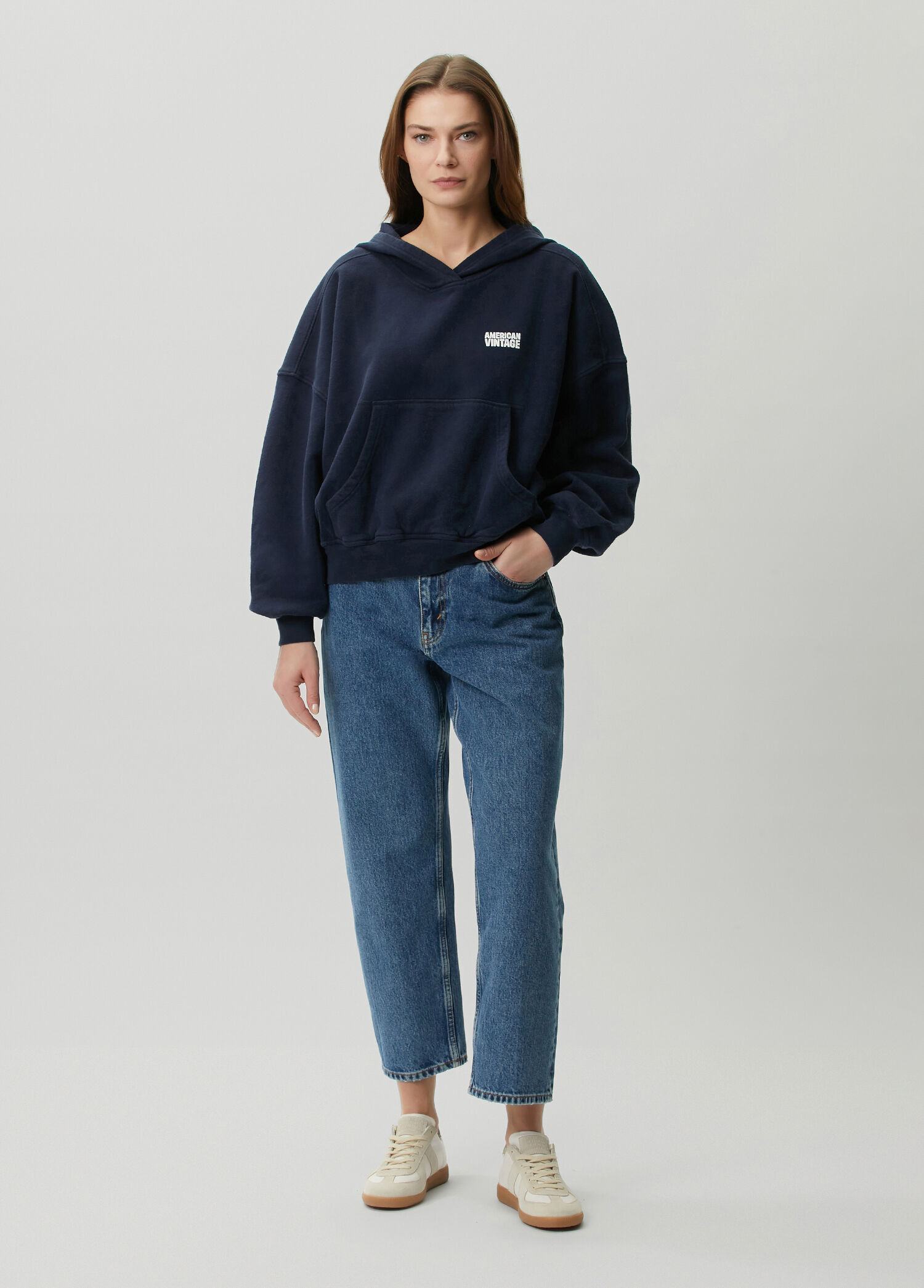 argue　AMERICAN VINTAGE SWEAT パーカー　ネイビー American Vintage Lacivert Kadın Plizzy Yeşil Logo Baskılı