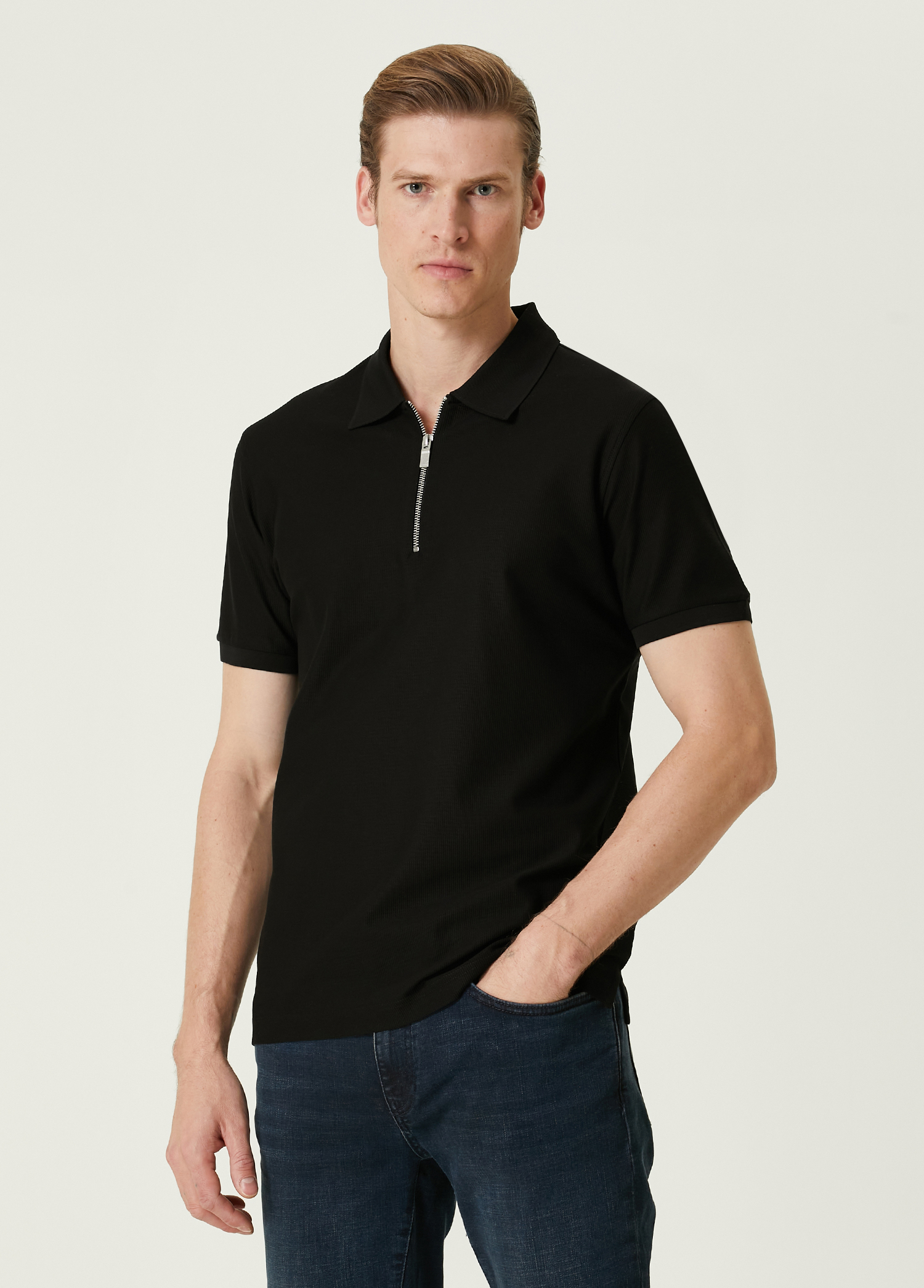 Siyah Polo Yaka Armürlü T-shirt