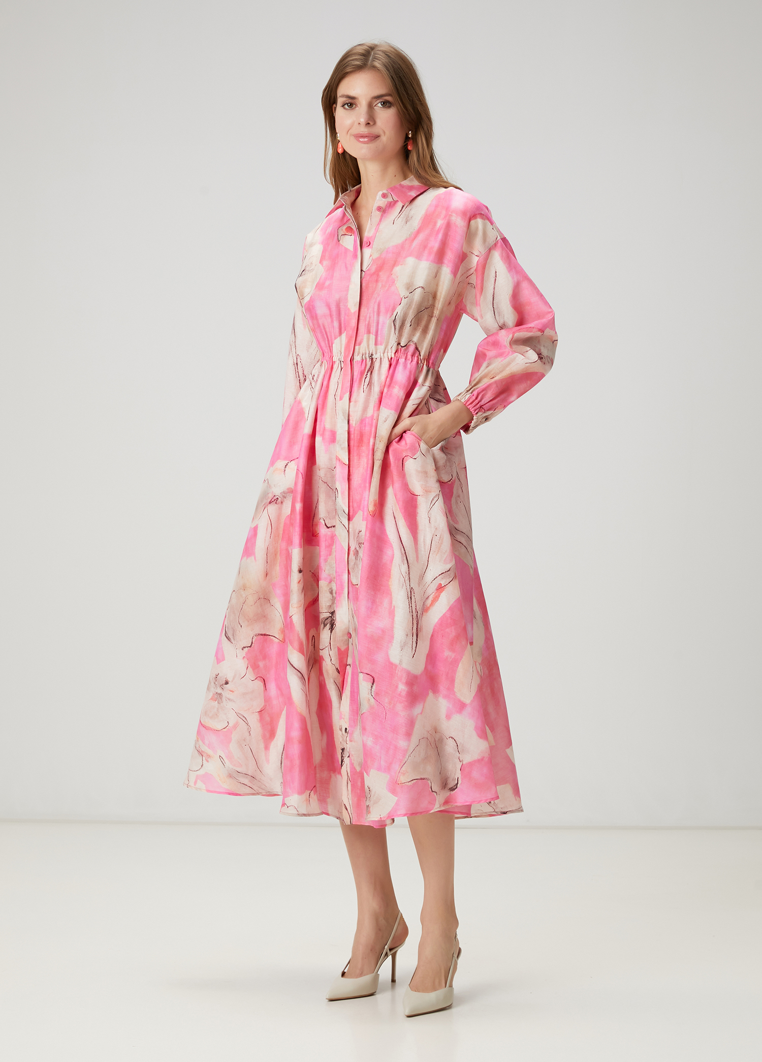 Pembe Çiçekli Midi Organza Elbise_2