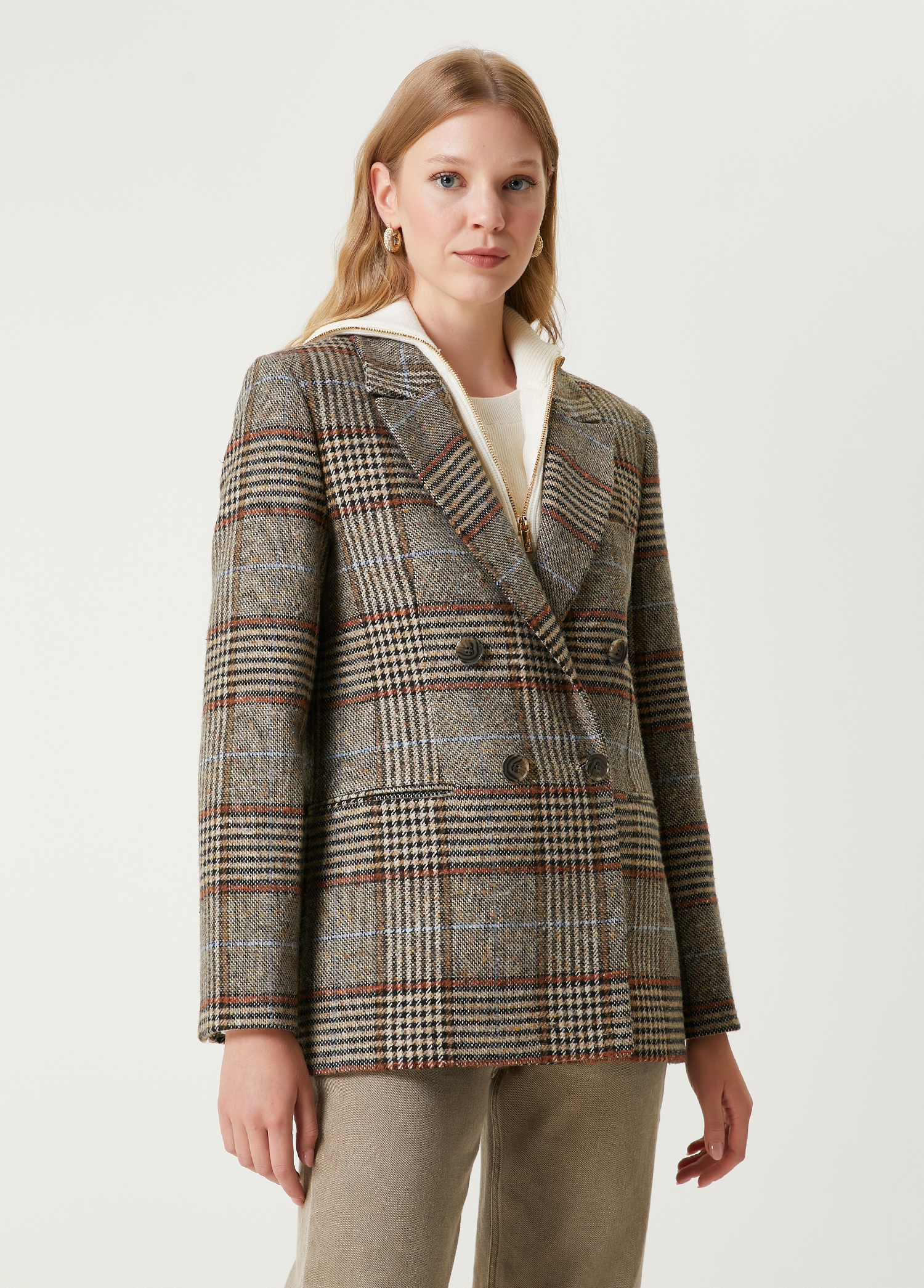 Camel Ekoseli Kruvaze Blazer_3