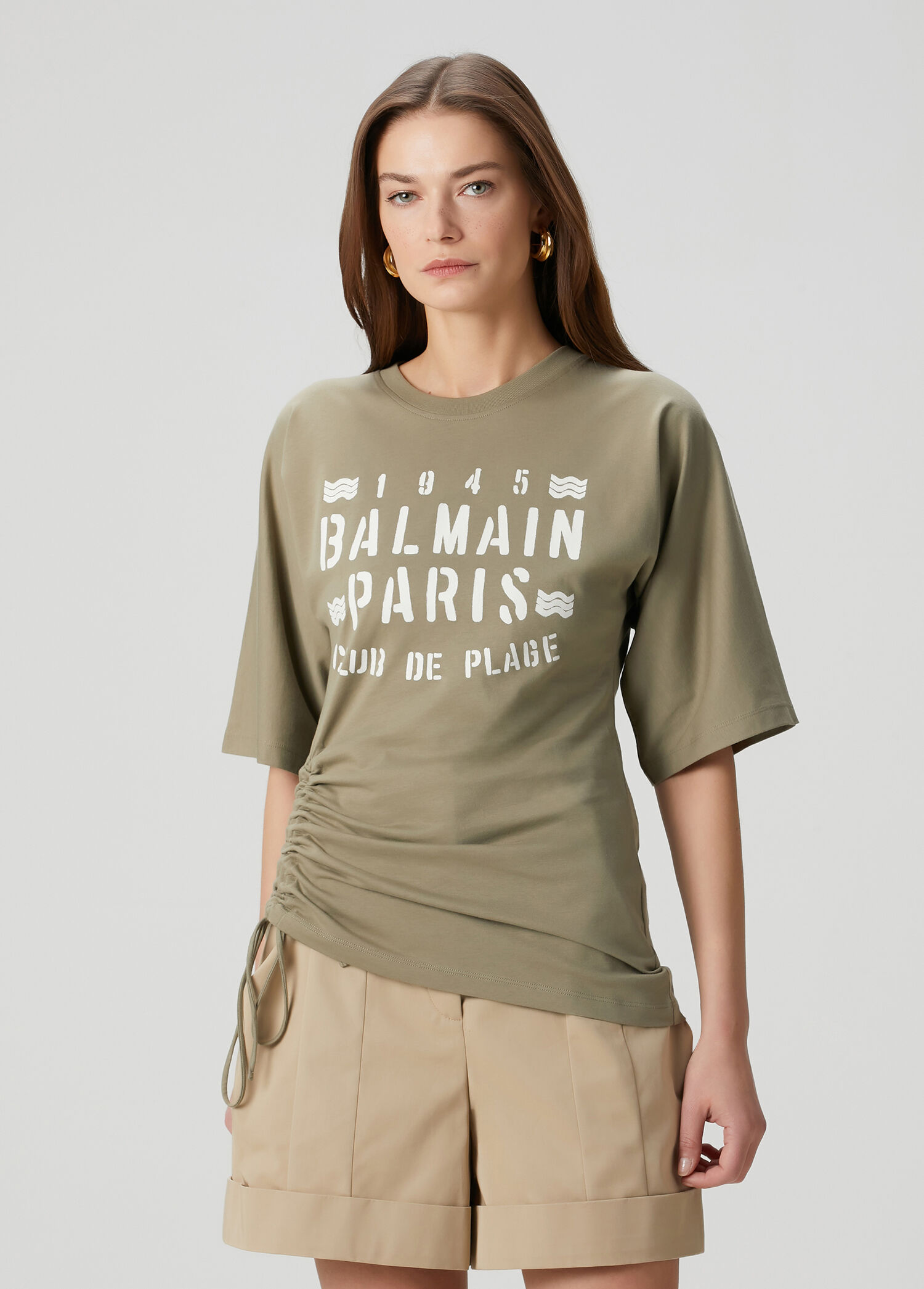 Yeşil Bej Büzgü Detaylı T-shirt