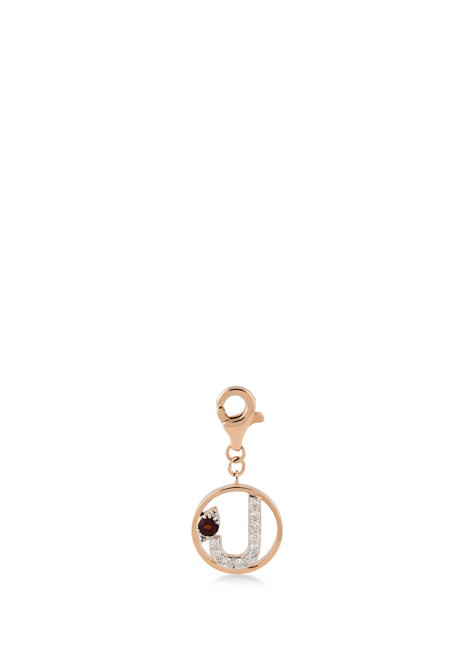 Mini “J” Harfli Charm Pırlanta Kırmızı Garnet Taşlı 14 Ayar Pembe Altın