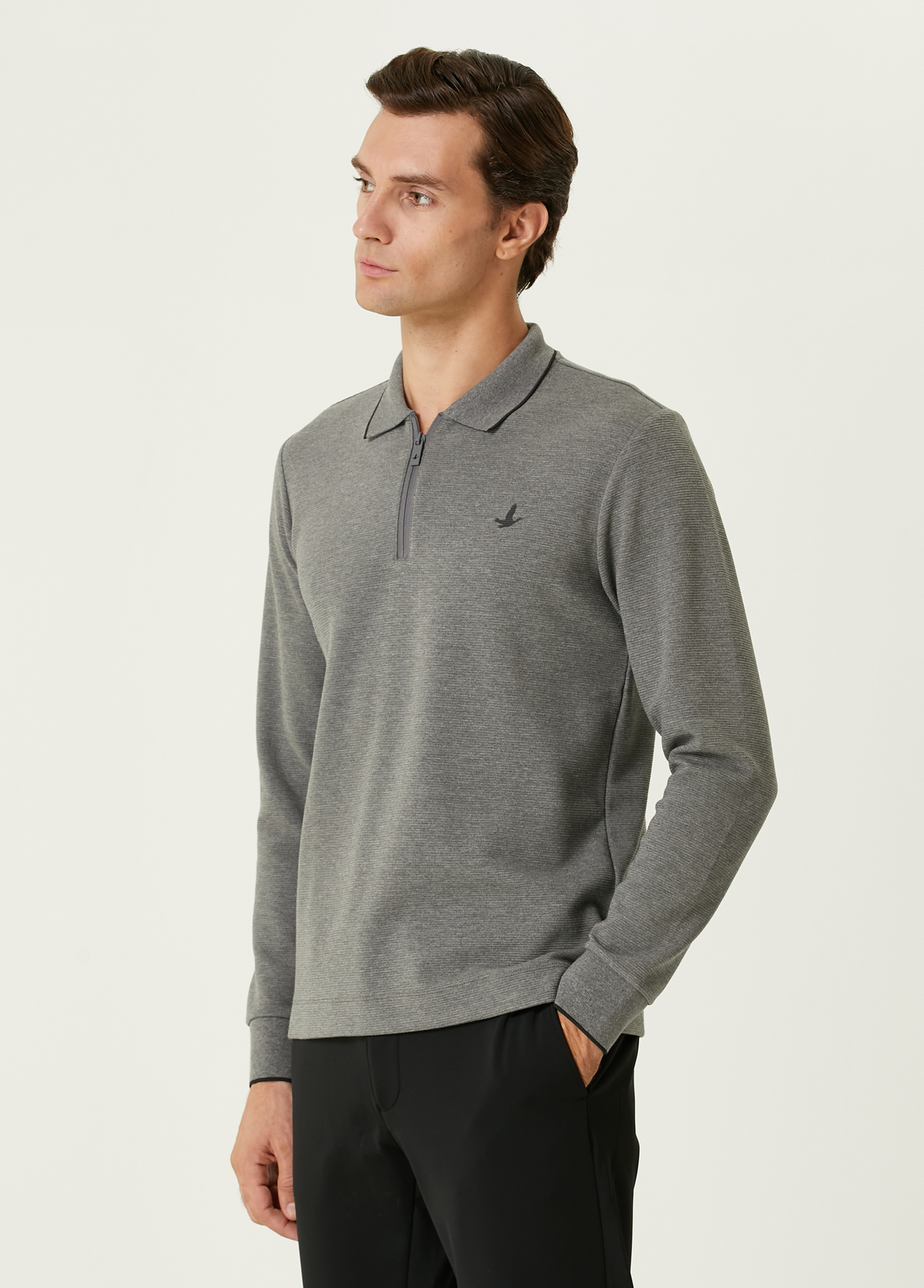 Slim Fit Gri Polo Yaka Ottoman Dokulu Sweatshirt_3