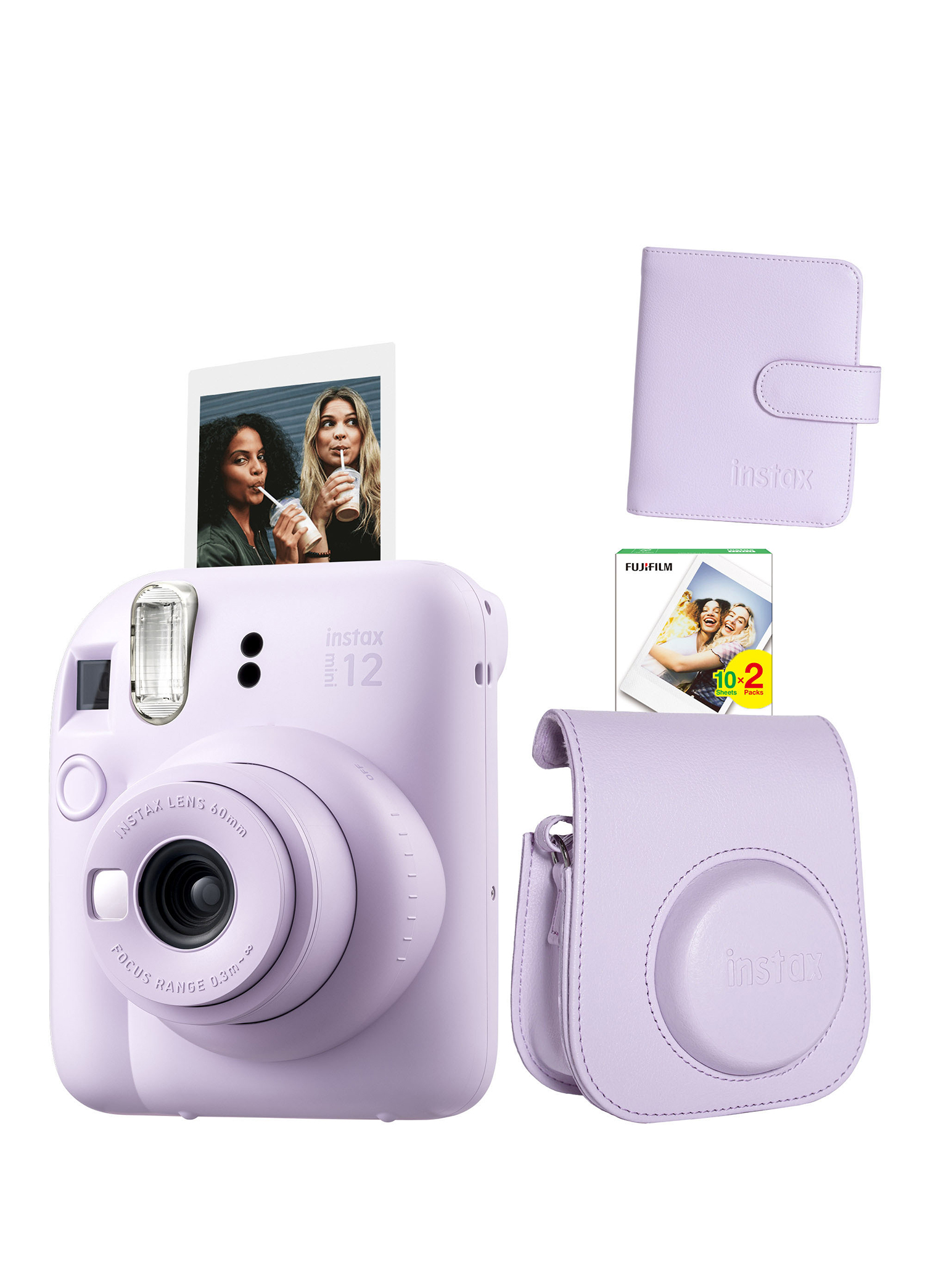 Instax Mini 12 Lila Fotoğraf Makinesi + 20'li Film ve Deri Çanta Albüm Hediye Seti