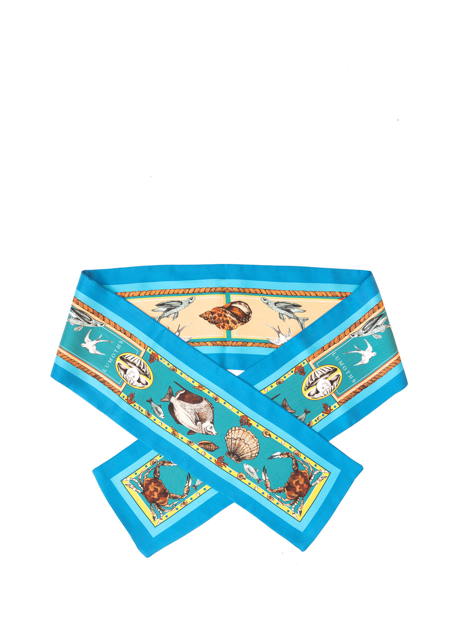 Marine İnci & Yengeç Turkuaz İpek Twill Unisex Şerit Fular 14 x 130 cm