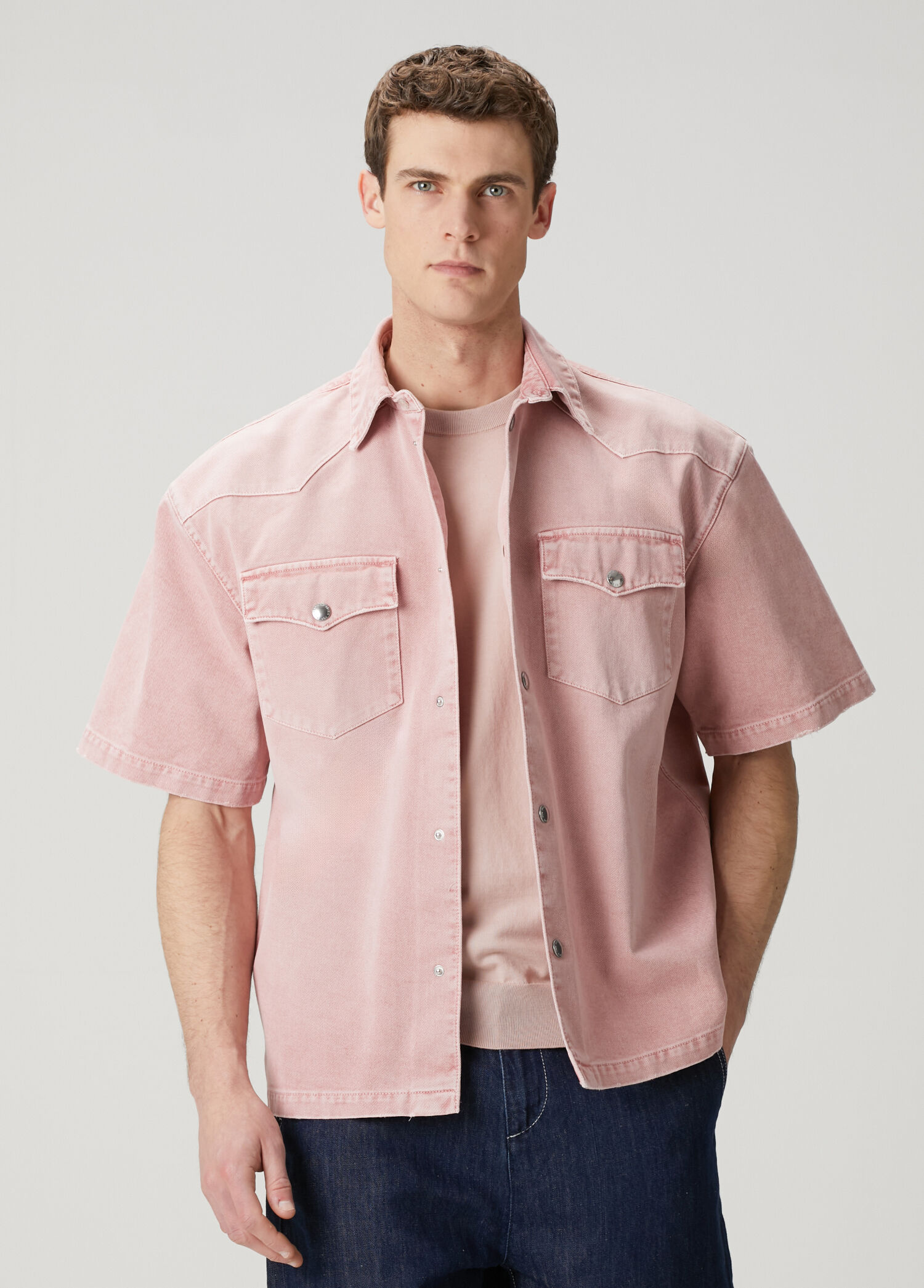 Açık Pembe Kısa Kollu Western Denim Gömlek
