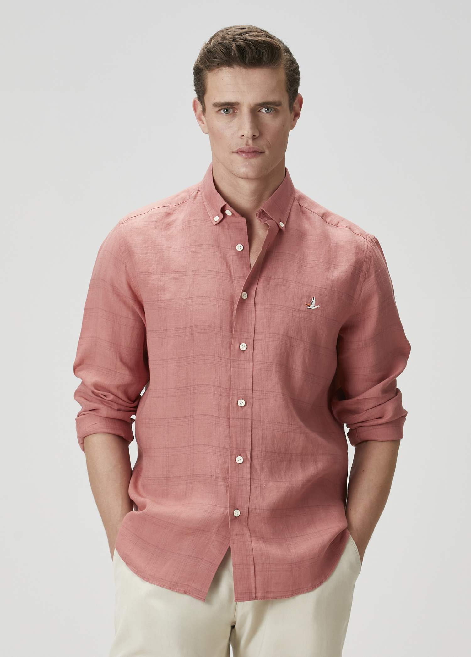 Comfort Fit Koyu Pembe Ekose Desenli Keten Gömlek_1