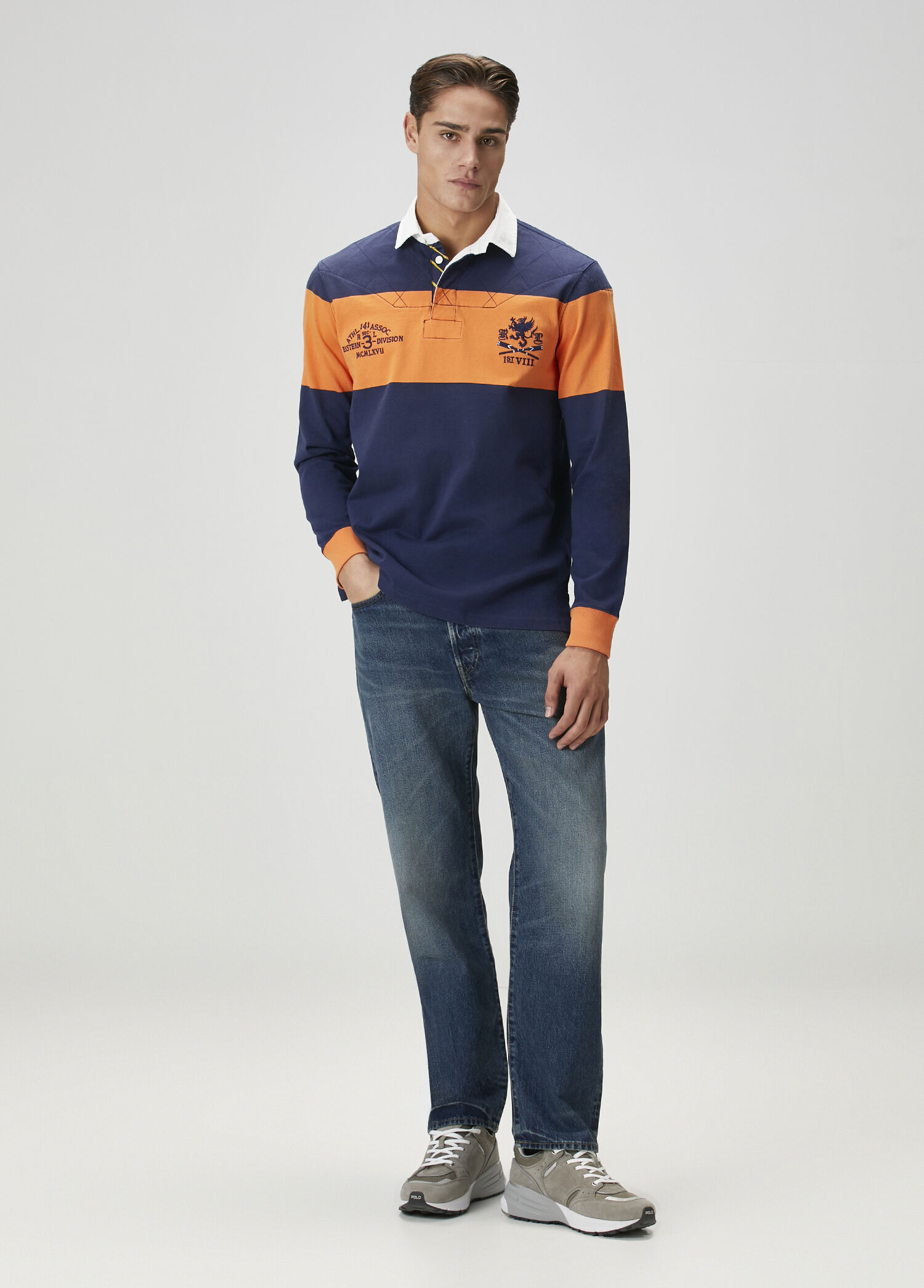 Lacivert Polo Yaka Çizgi Desenli Jersey Sweatshirt