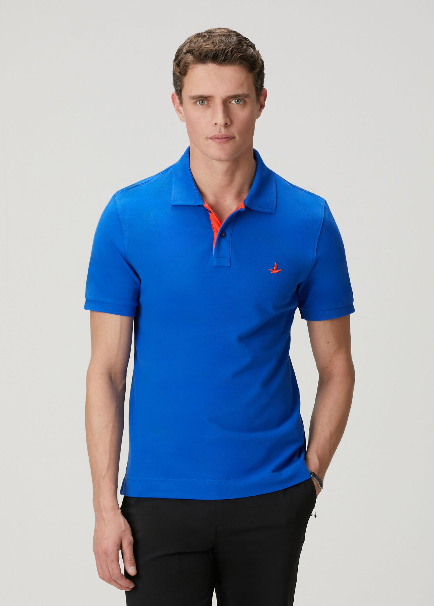 Slim Fit Saks Yaka Altı Baskılı Basic Polo T-shirt