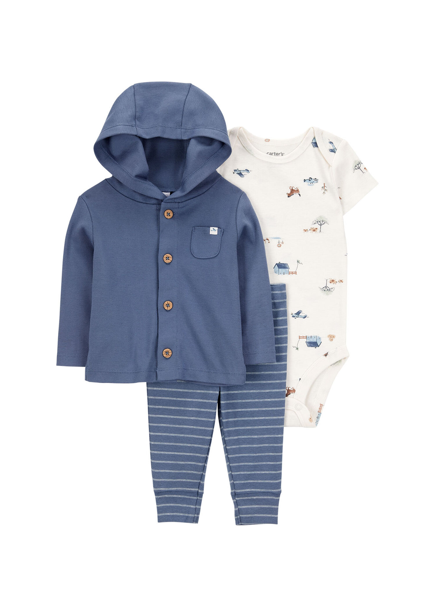 Mavi Kapüşonlu Hırka Body Pantolon Erkek Bebek 3'lü Set