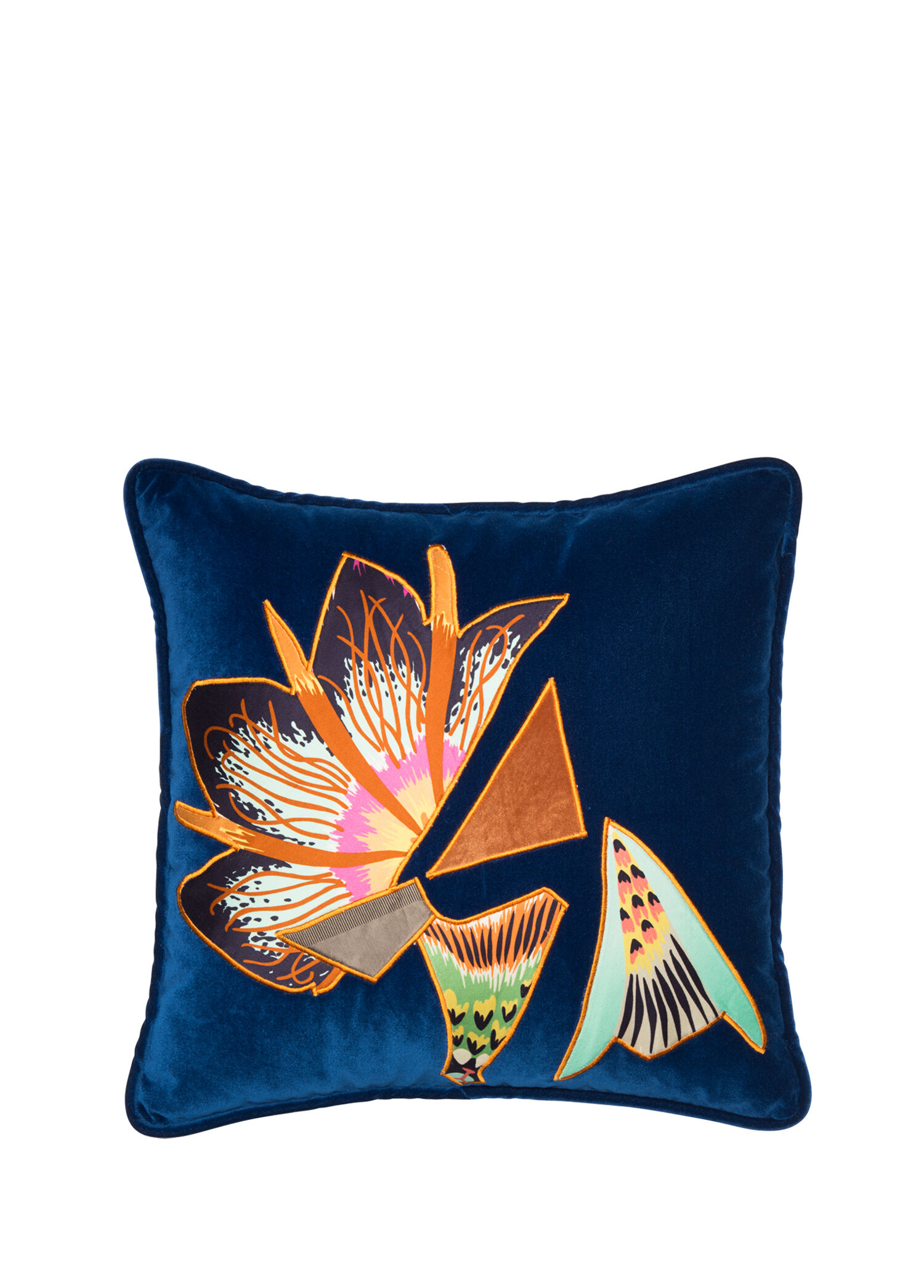 Aplik Detaylı Saks Mavisi Kadife Kırlent 45 x 45 cm