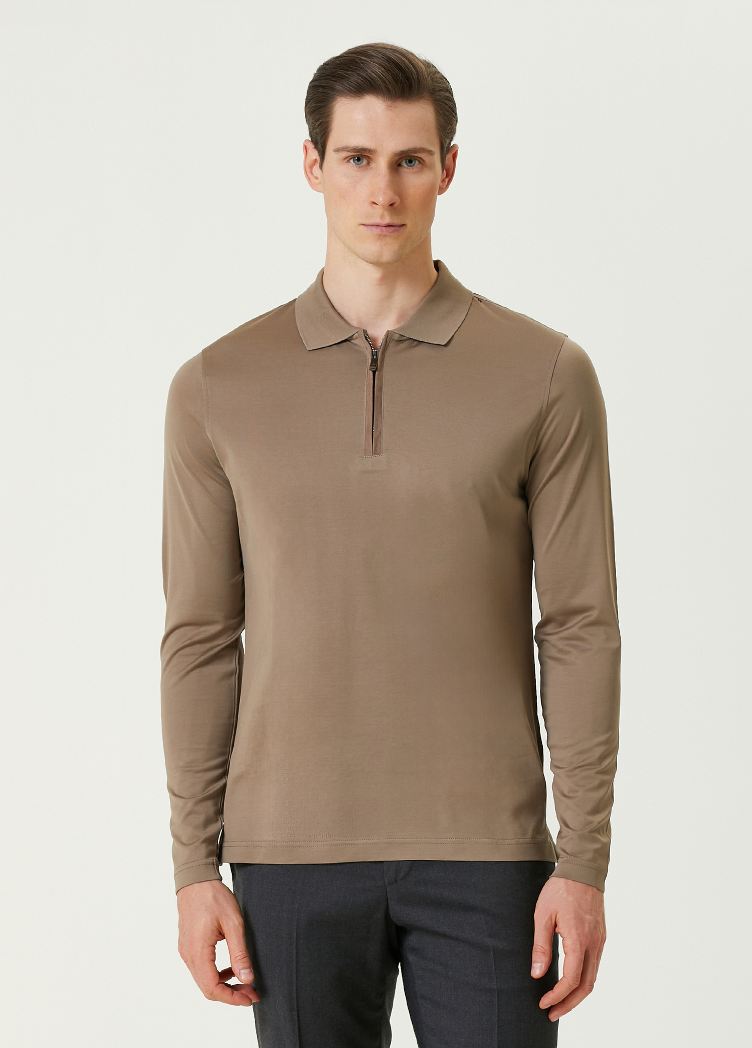 Bej Polo Yaka Sweatshirt