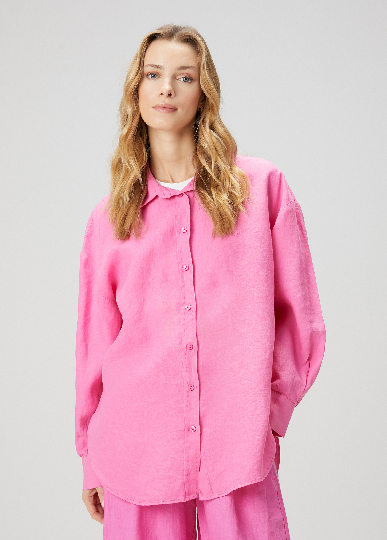 Oversize Pembe Keten Gömlek_4