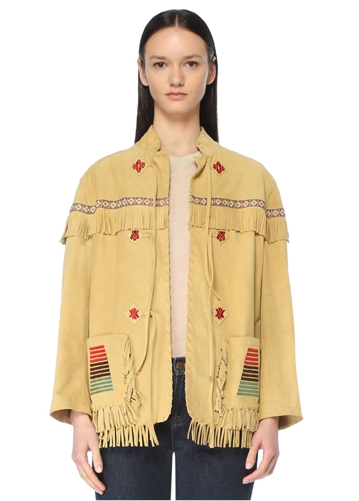 Etro Acik Sari Kadin Bej Dik Yaka Etnik Desen Nakisli Suet Ceket 846371 Beymen