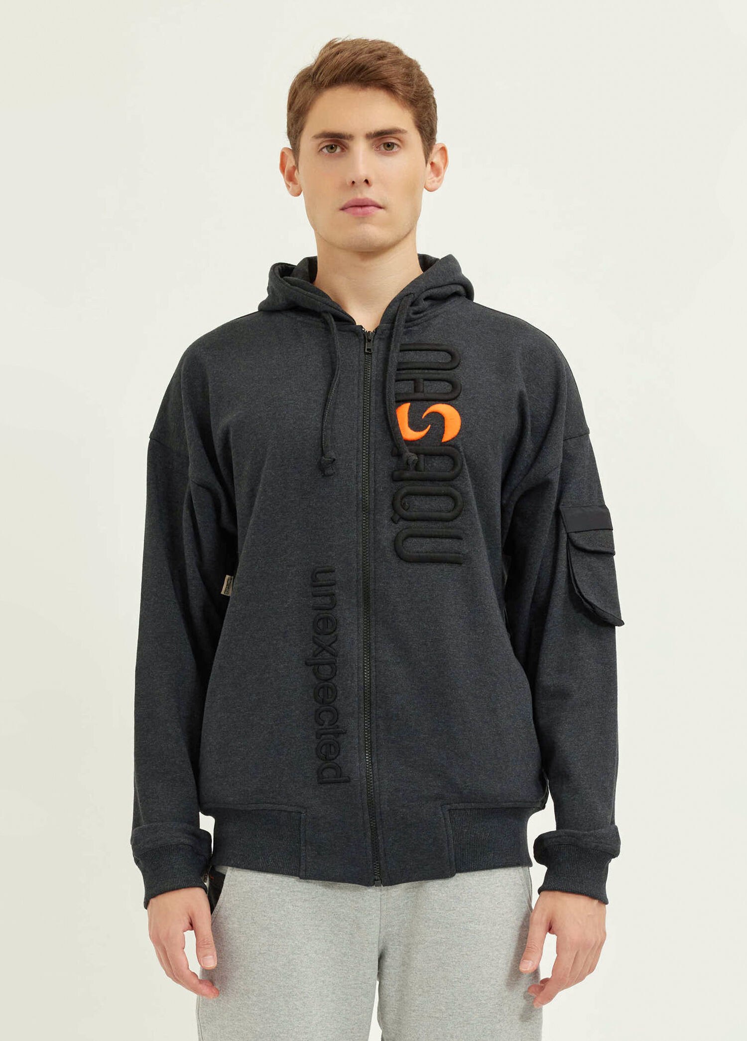 Bar Oversize Antrasit Fermuarlı Kapüşonlu Sweatshirt