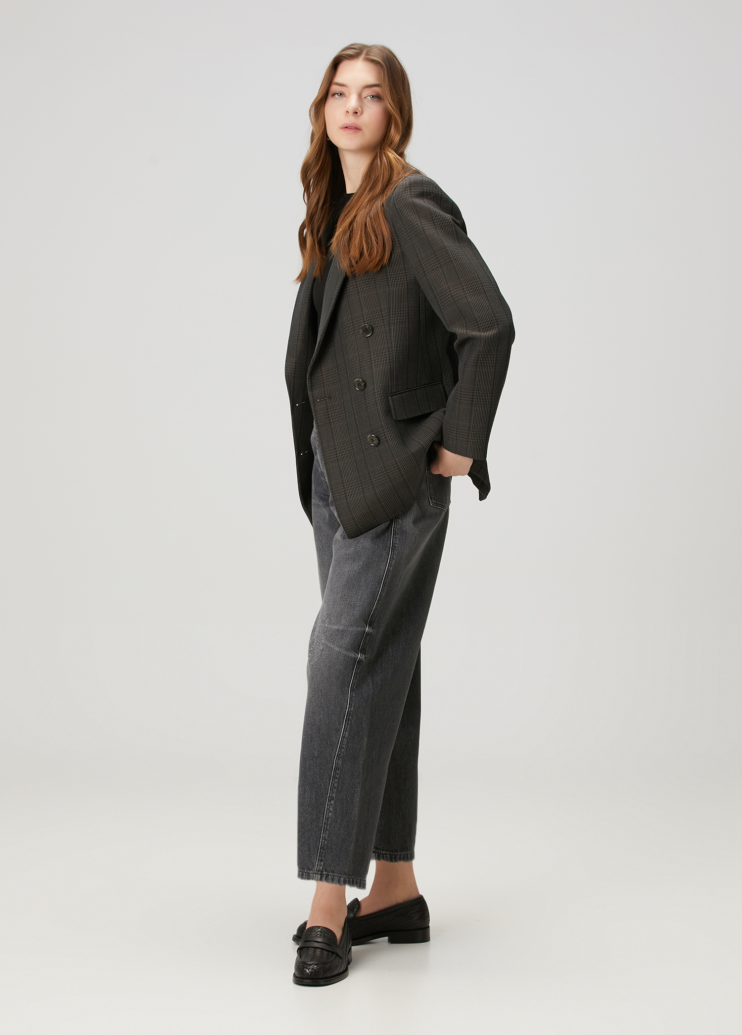 Antrasit Ekoseli Kruvaze Yün Blazer_2