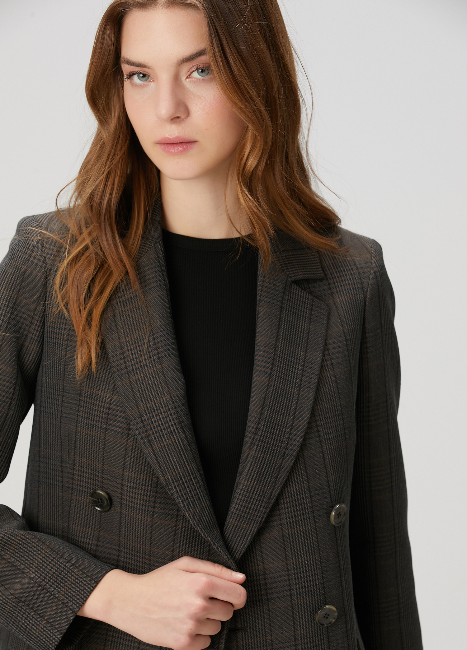 Antrasit Ekoseli Kruvaze Yün Blazer_3