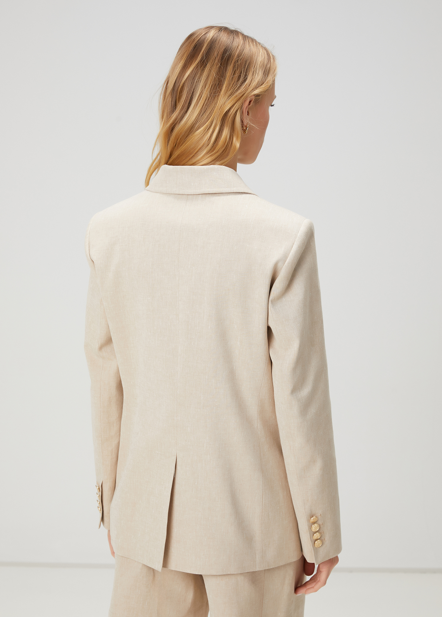 Bej Kruvaze Keten Blazer_5