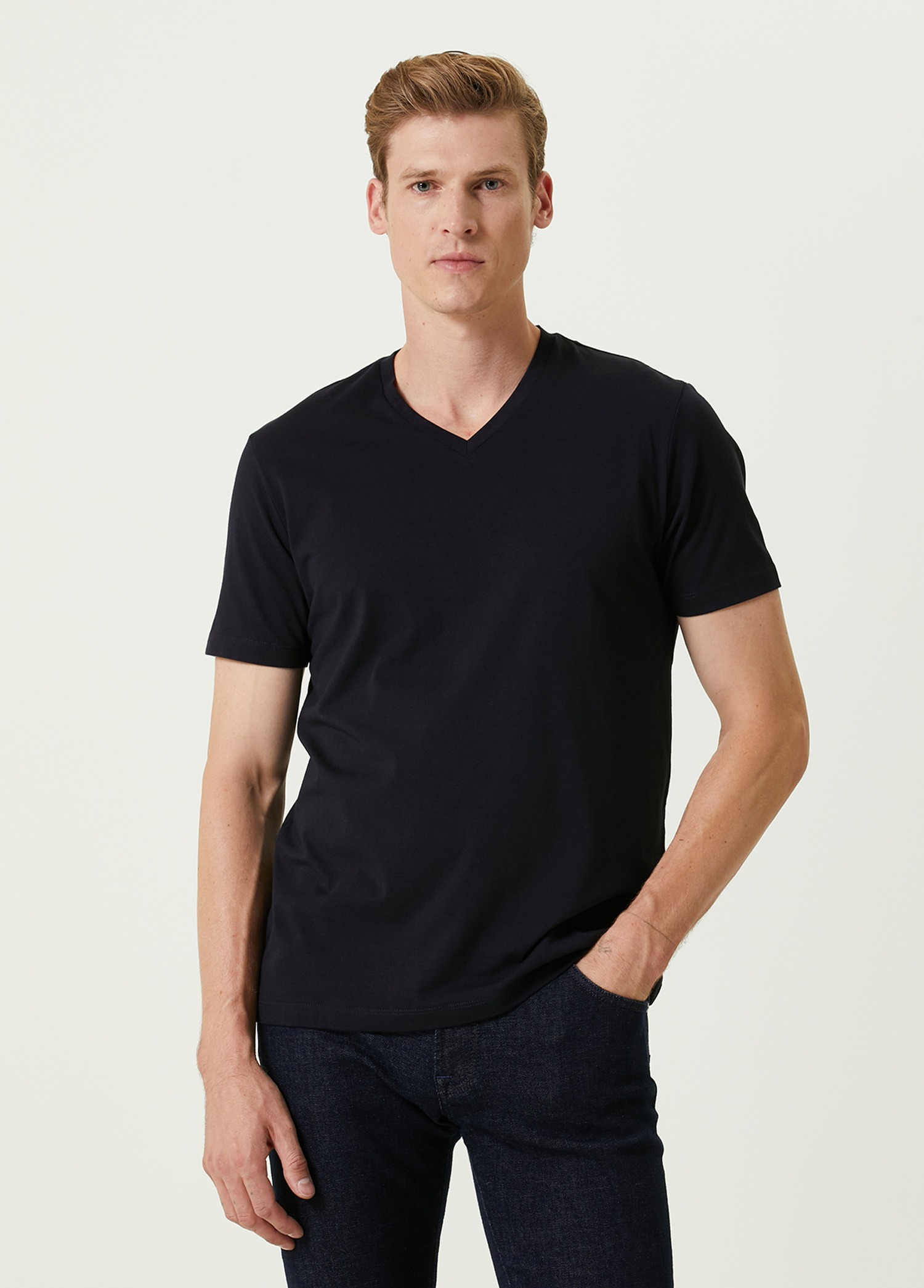 Lacivert V Yaka Basic T-shirt