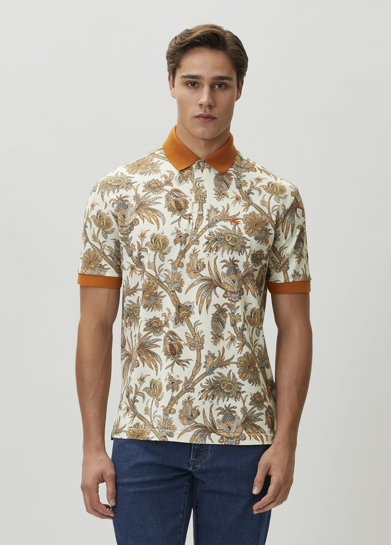 Ecru Paisley Patterned Polo T-Shirt