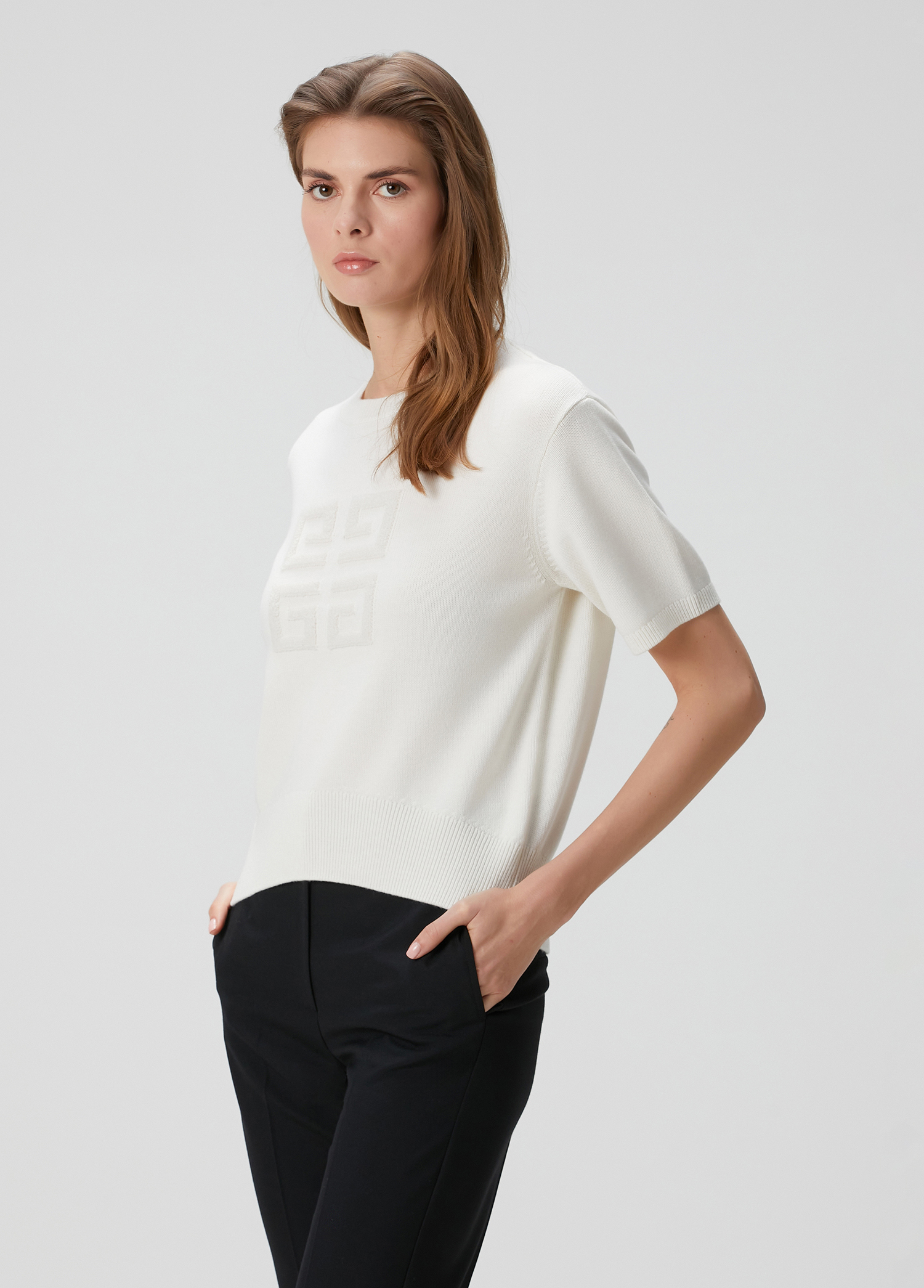 Beige White Short Sleeve Knitwear