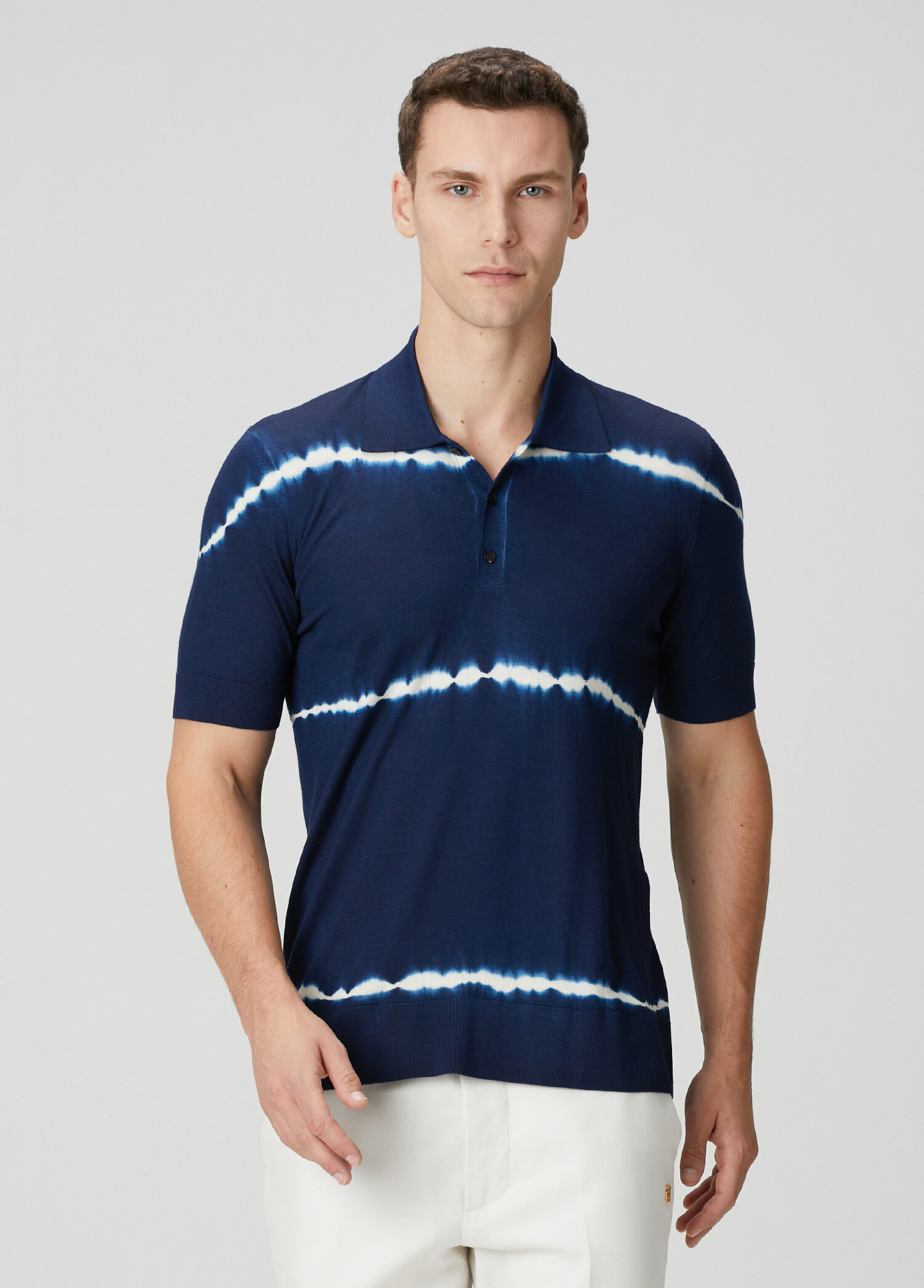 Lacivert Polo Yaka Batik Desenli Yün T-shirt
