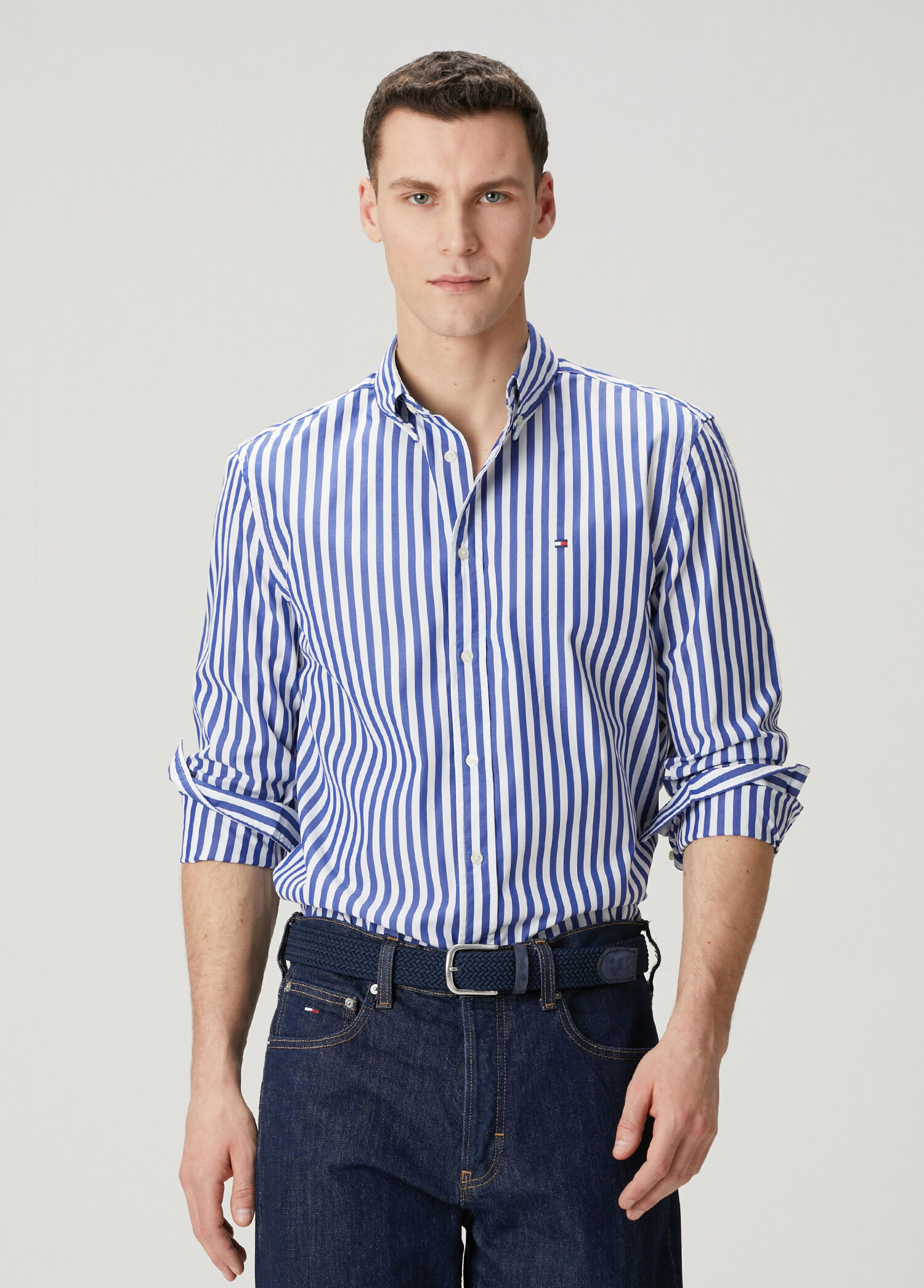 Regular Fit Mavi Çizgi Desenli Poplin Gömlek