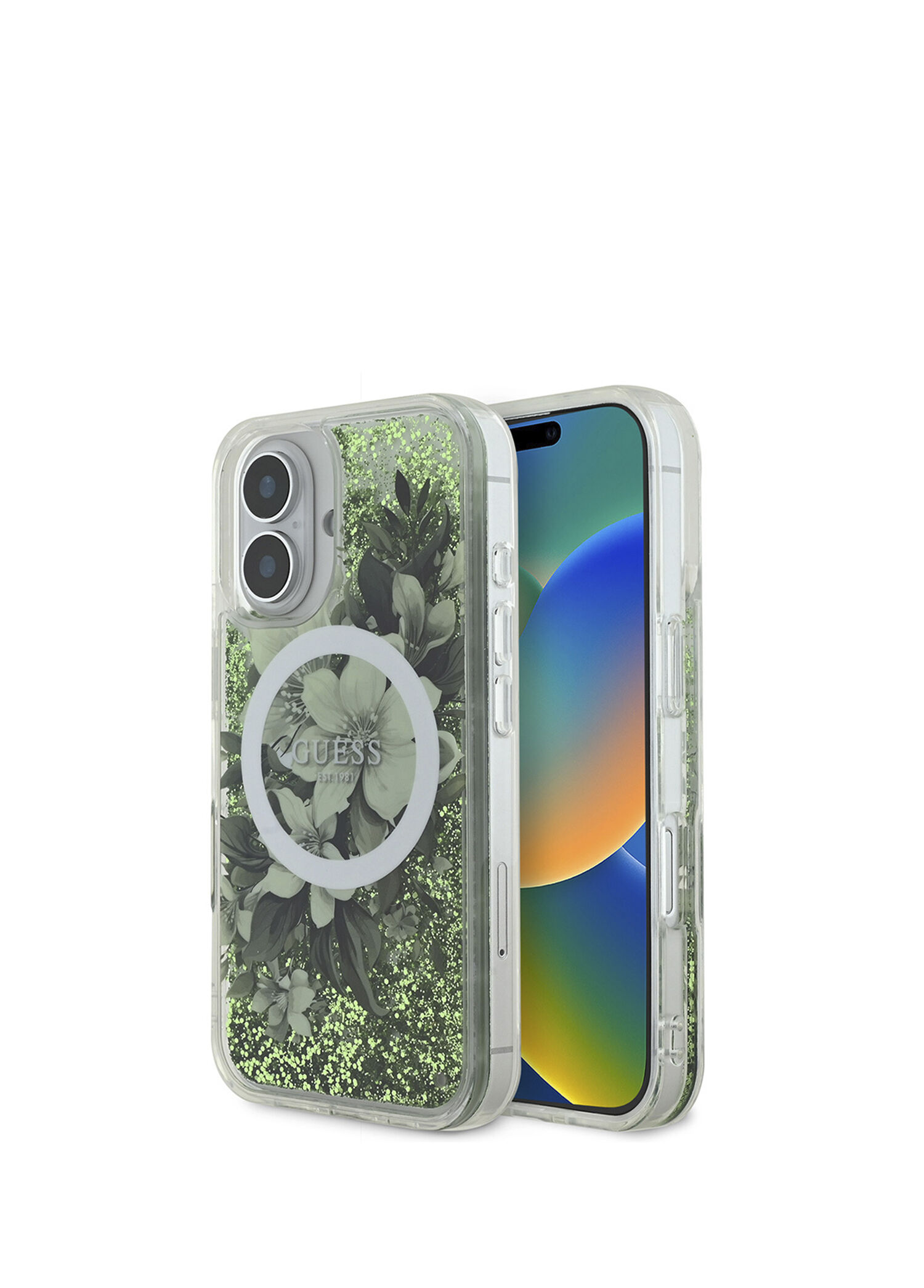 Guess - iPhone 16 Şarj Özellikli Sıvılı Simli Çiçek Desenli Magsafe Uyumlu Telefon Kılıfı - Yeşil