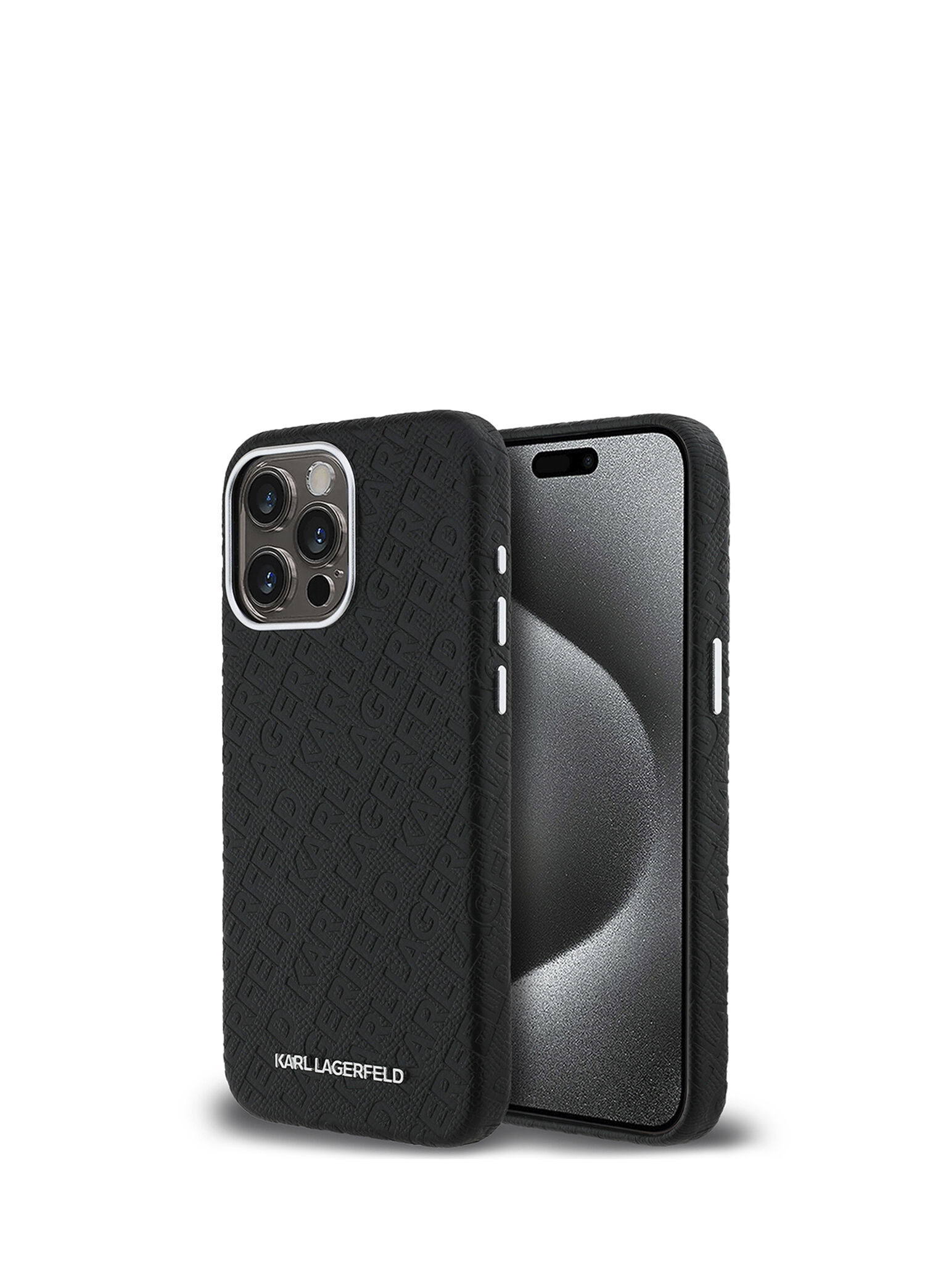 iPhone 15 Pro Max Metal Yazı Logolu PU Deri Damgalı Telefon Kılıfı
