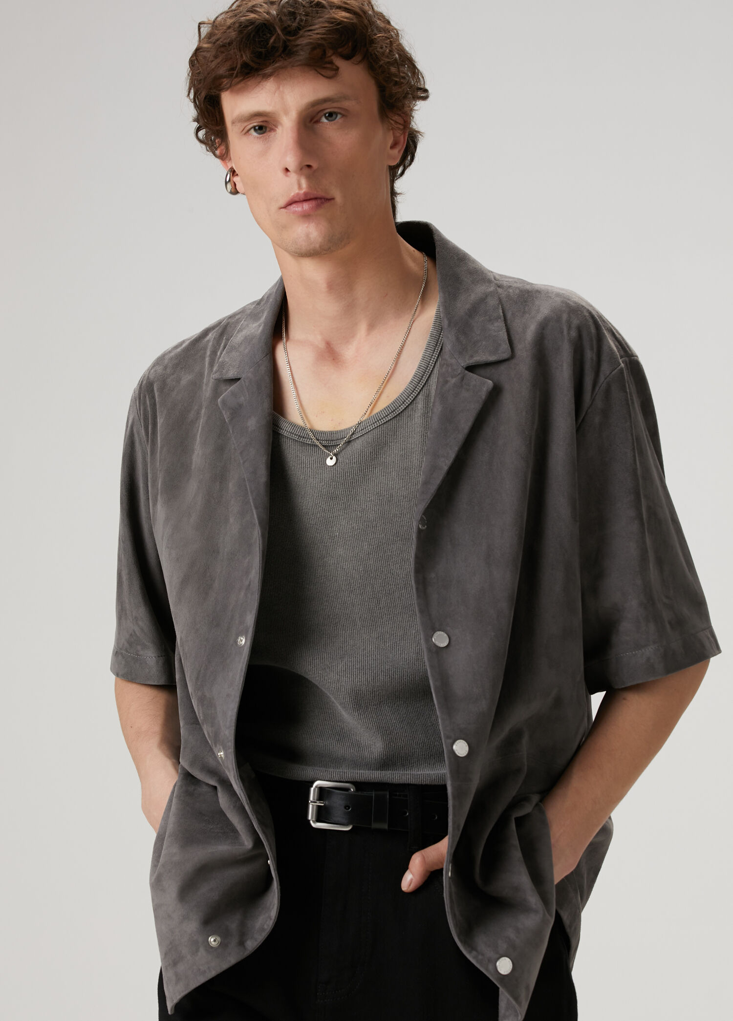 Gri Süet Hawaii Gömlek