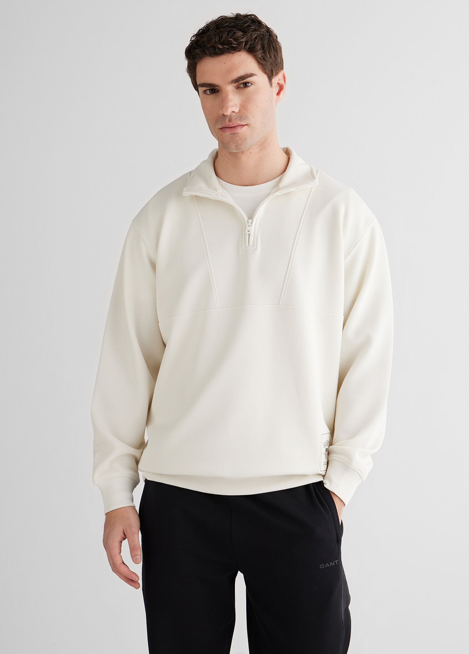 Krem Rengi Yarım Fermuarlı Relaxed Fit Erkek Sweatshirt
