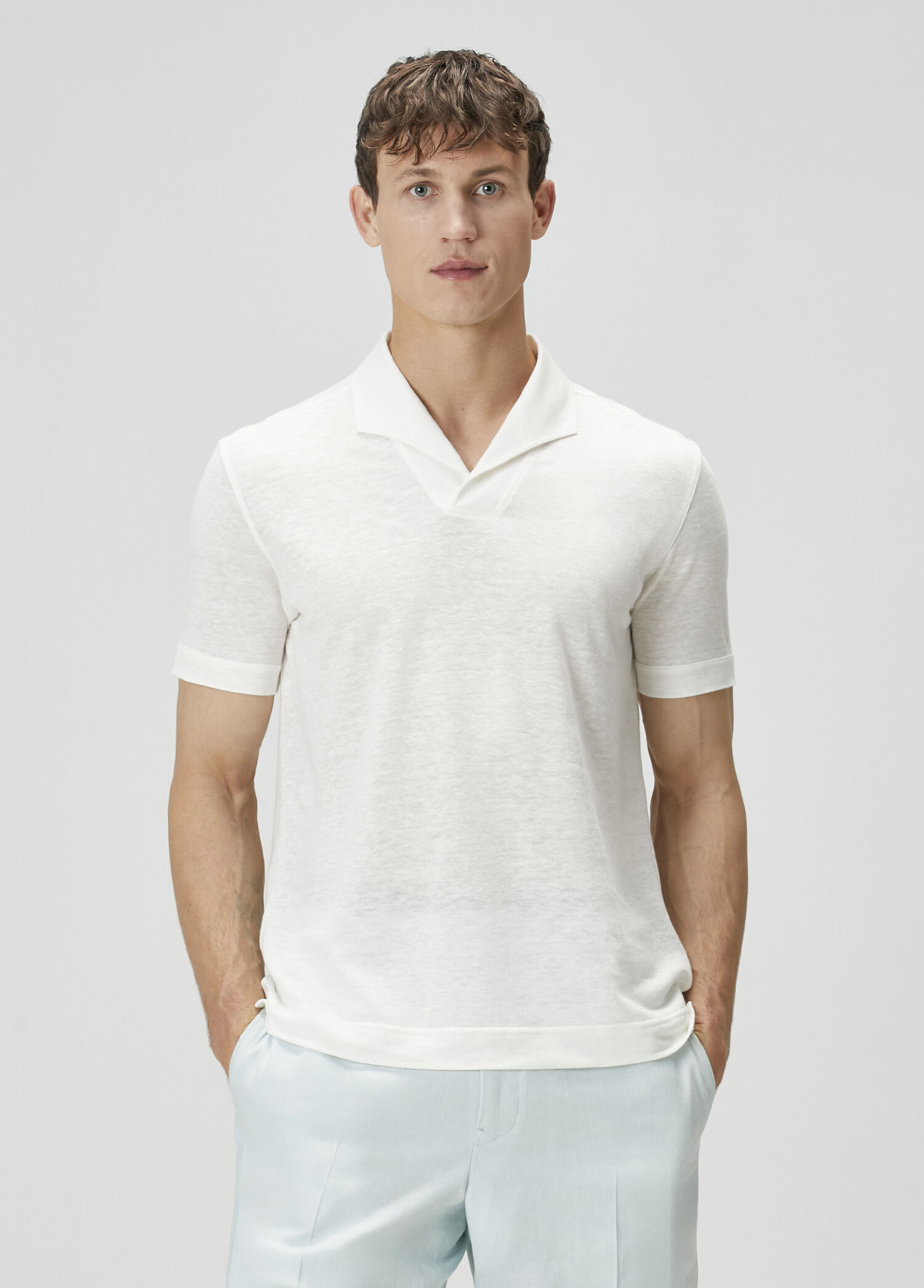 Beyaz Polo Yaka Keten T-shirt