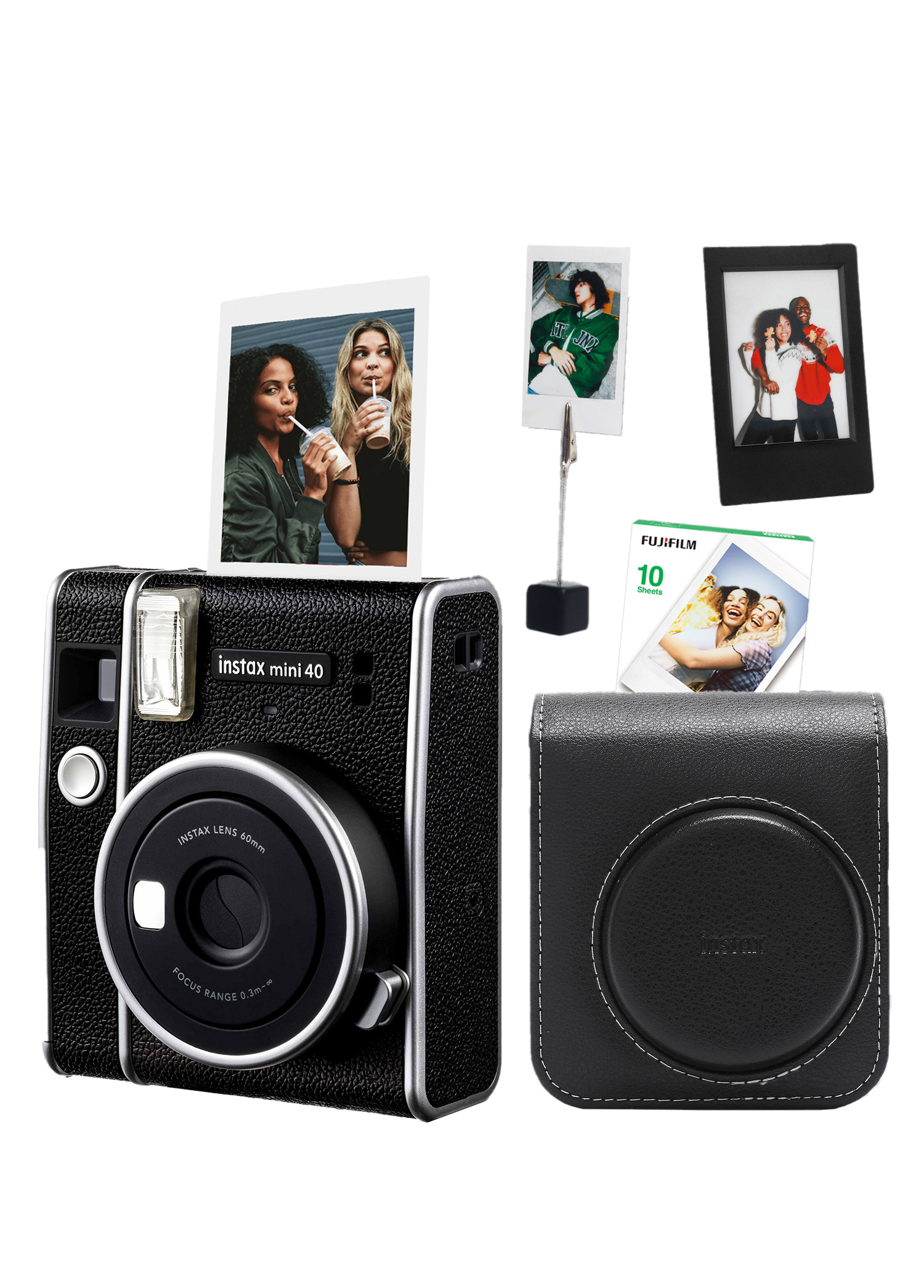 Instax Mini 40 Fotoğraf Makinası + 10'lu Film Deri Kılıf Çerçeve ve Kıskaçlı Foto Stand Seti