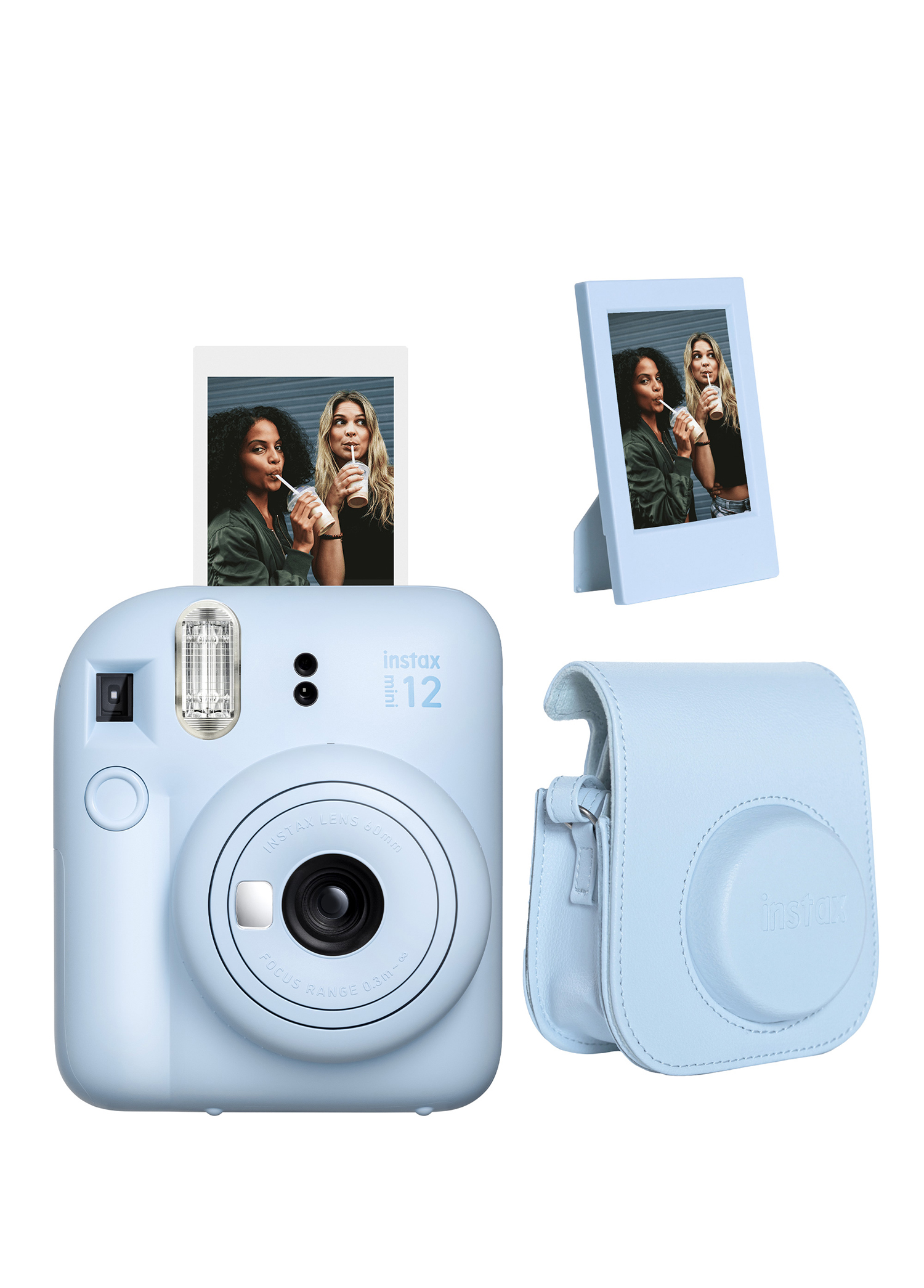 Instax Mini 12 Mavi Fotoğraf Makinesi + Çerçeve ve Deri Kılıf Seti